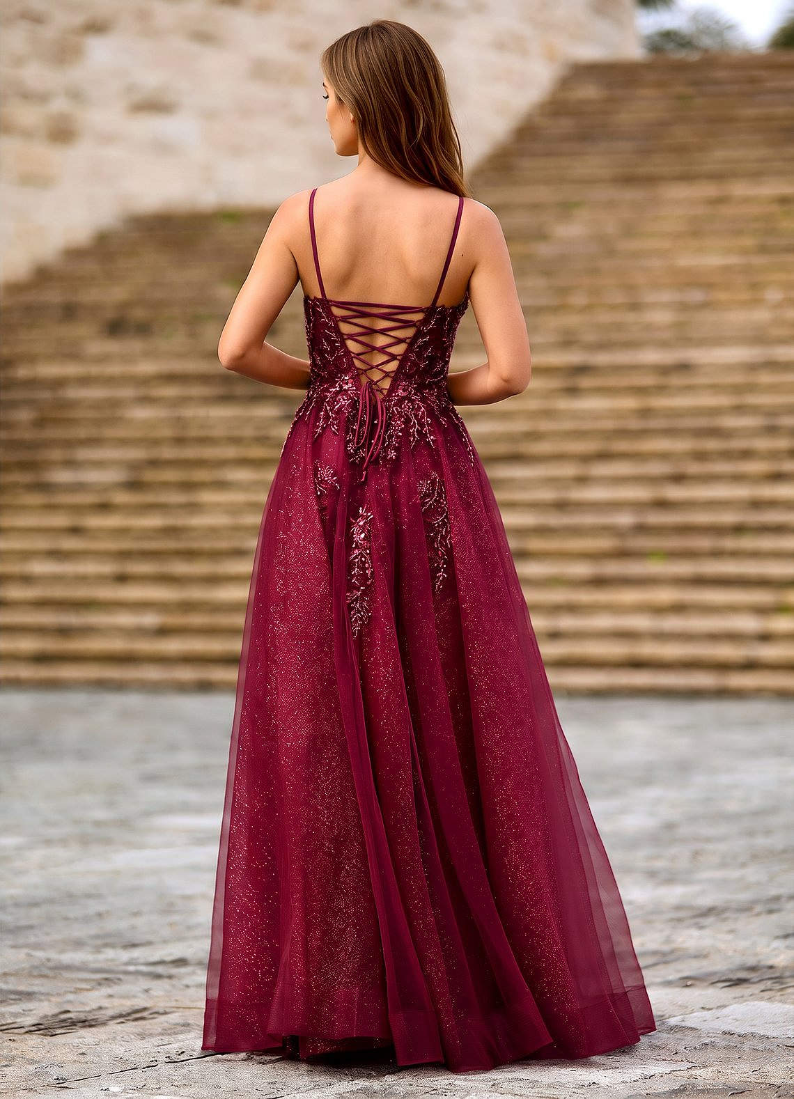 Milliener A-Line V-Neck Tulle Evening Dress in Burgundy