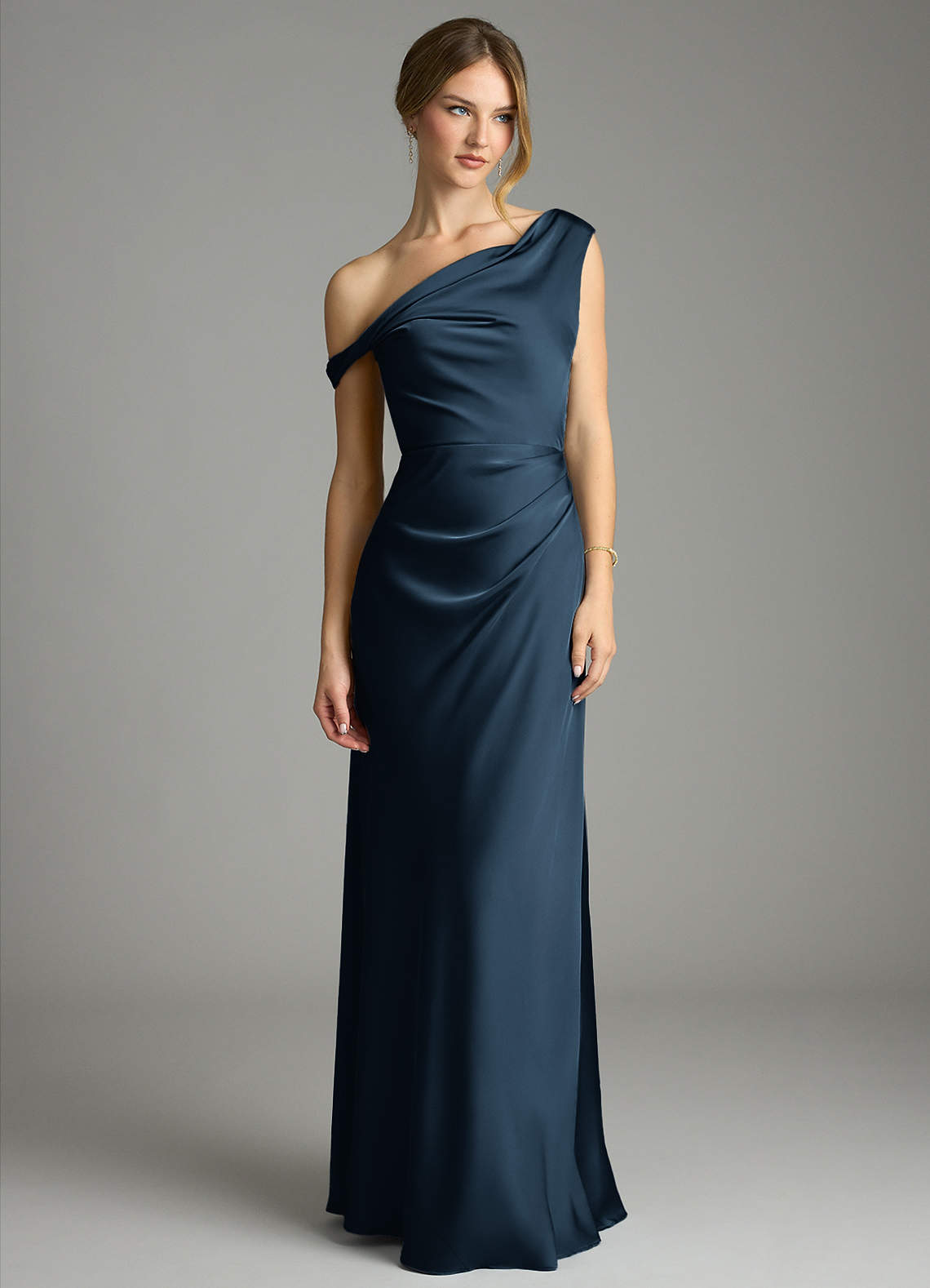 Emerson Mermaid One-Shoulder Stretch Satin Bridesmaid Dress in Dark Navy