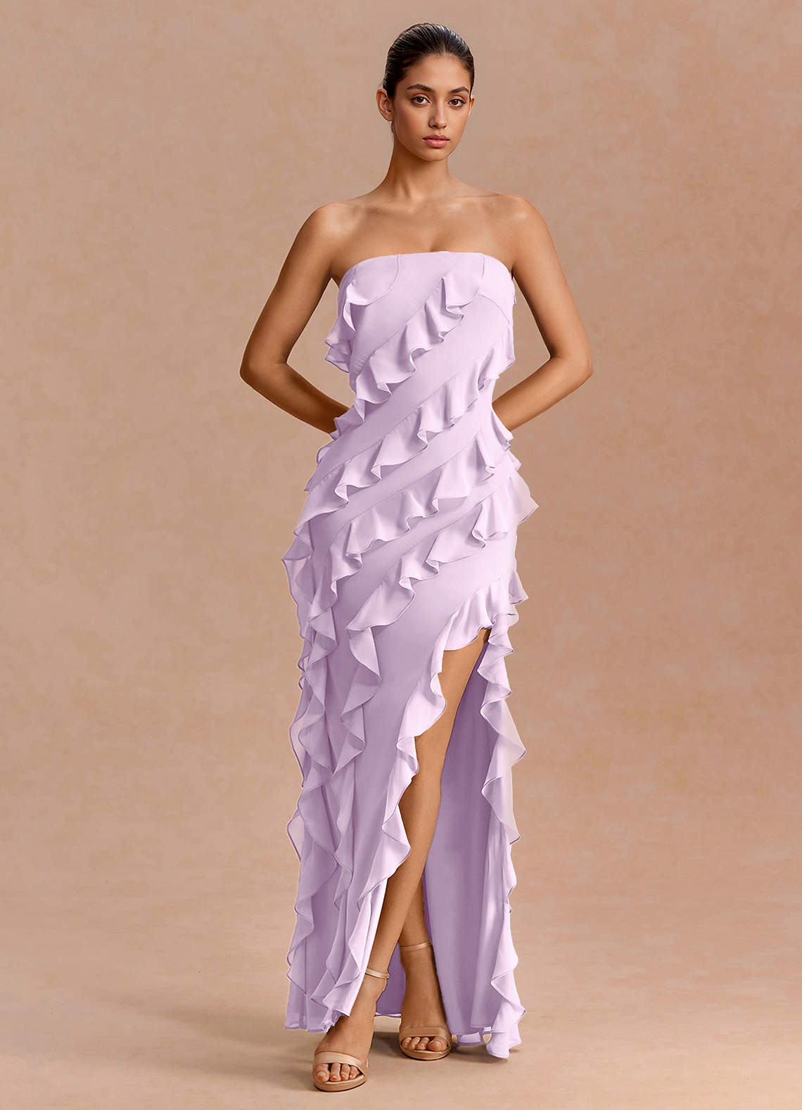 Eira A-Line Ruffle Chiffon Evening Dress in Frosted Lilac