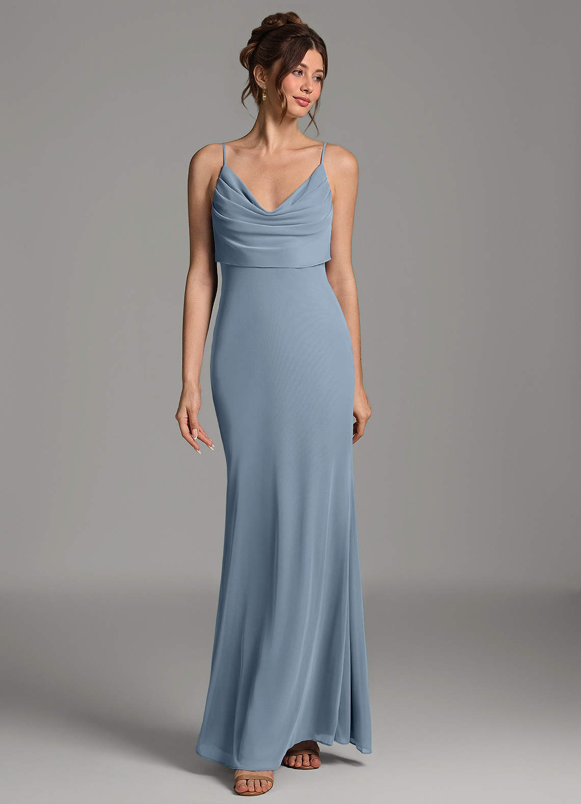 Zari Mermaid Cowl-Neck Mesh Bridesmaid Dress in dusty blue