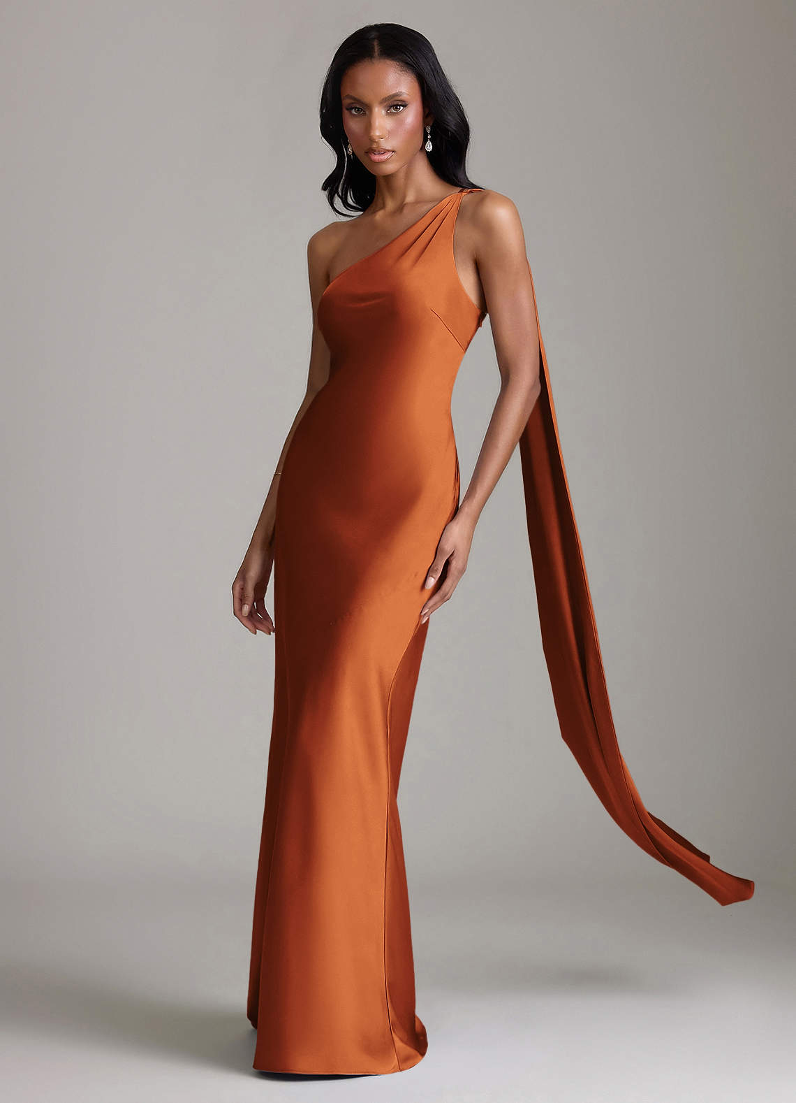 Juniper Mermaid One-Shoulder Stretch Satin Bridesmaid Dress in Cinnamon