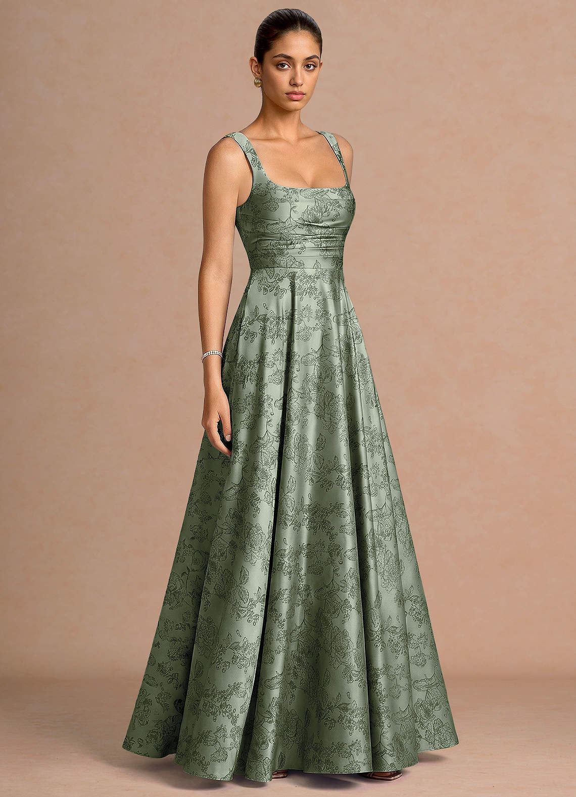 Azaria A-Line Square-Neck Jacquard Evening Dress in Sage Blue