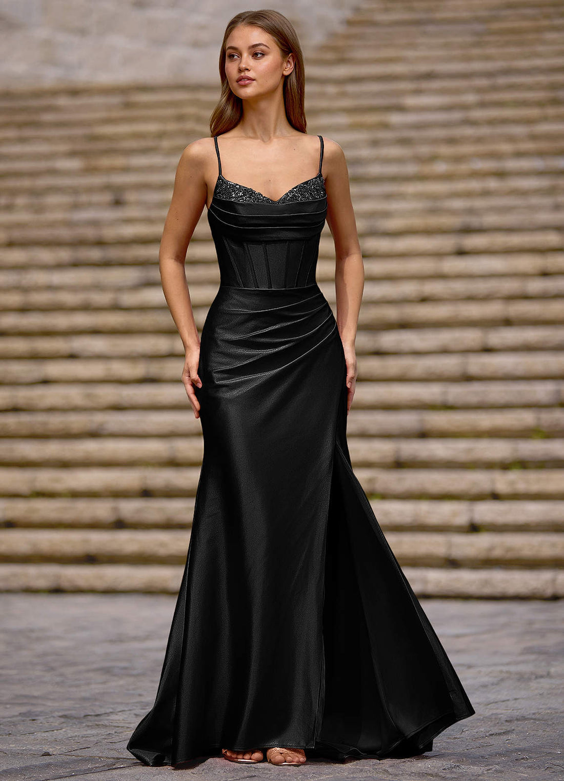 Glow Strapless Corset Slit Stretch Satin Evening Dress in black