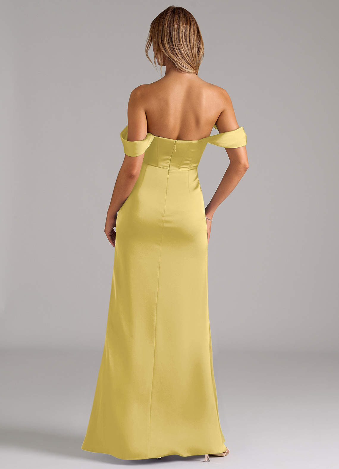 Johana Mermaid Off-the-Shoulder Stretch Satin Bridesmaid Dress in Canary