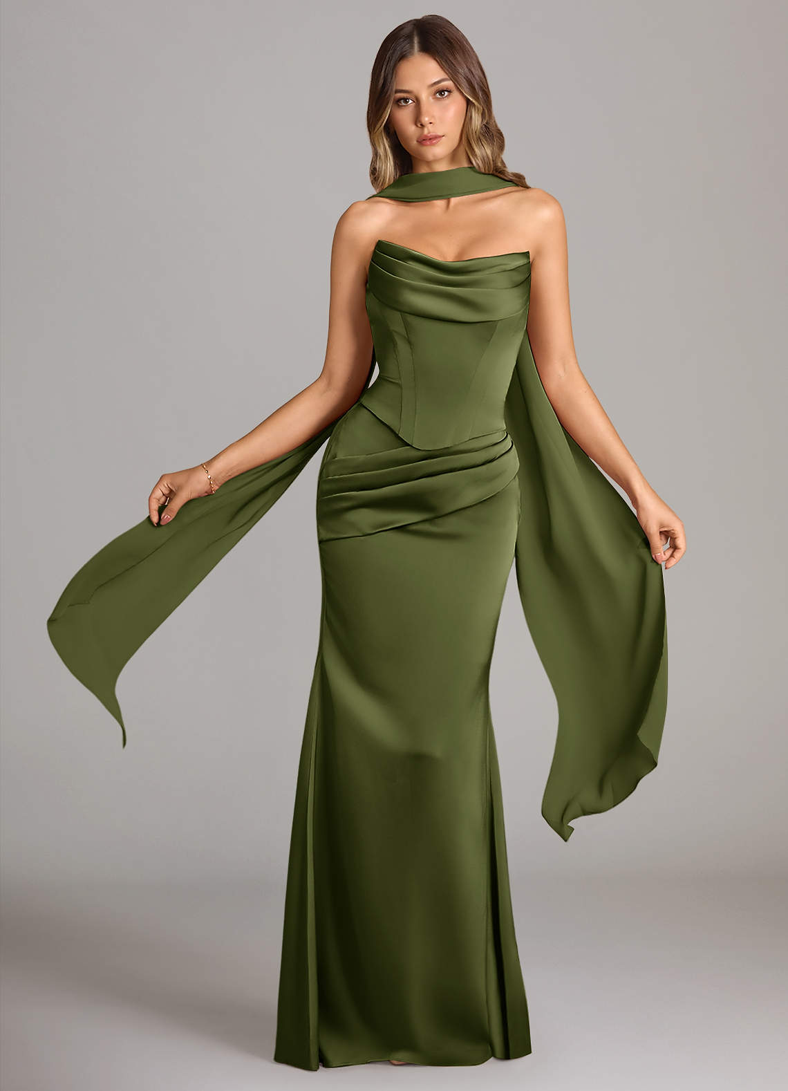Sorrel Mermaid Cowl-Neck Stretch Satin and Chiffon Bridesmaid Dress in Olive