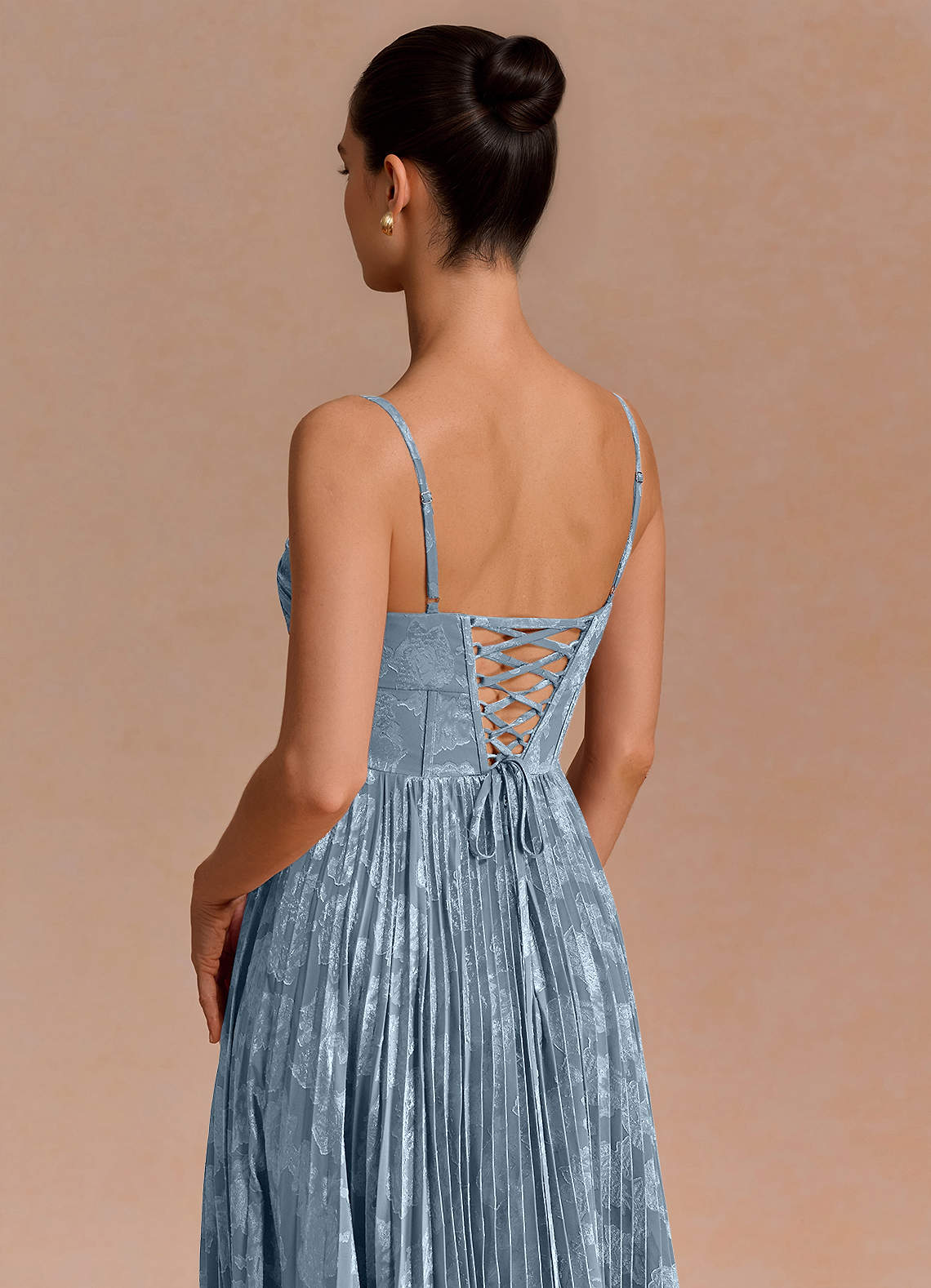 Delfina A-Line Twisted-Bust Fil Coupé Evening Dress in Dusty Blue