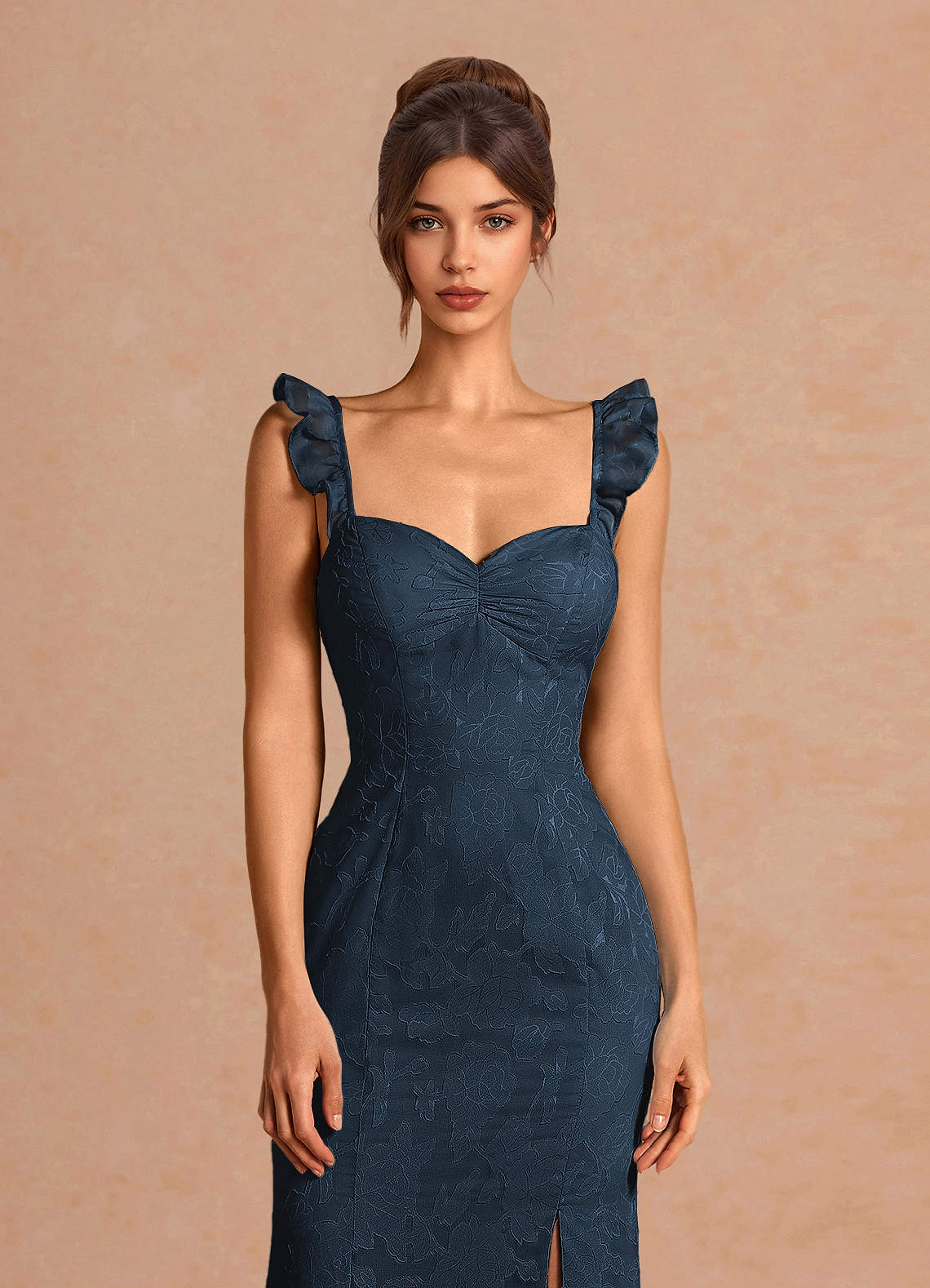Romilly Mermaid Ruffled Chiffon Burnout Evening Dress in Navy