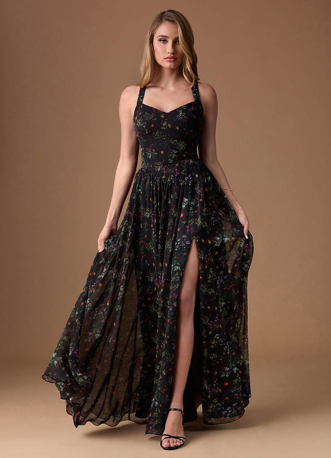 Dionna A-Line V-Neck Chiffon Wedding Guest Dress in Shadow Bloom