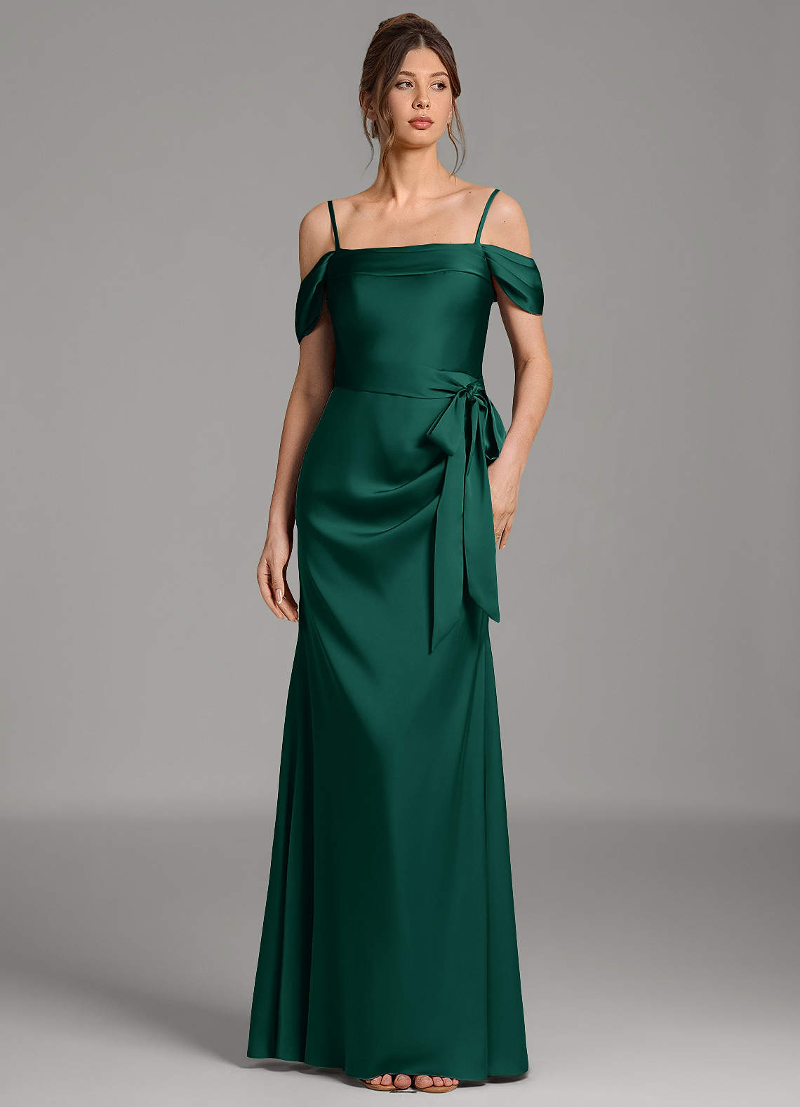 Wyatt Mermaid Off-the-Shoulder Stretch Satin Bridesmaid Dress in Emerald