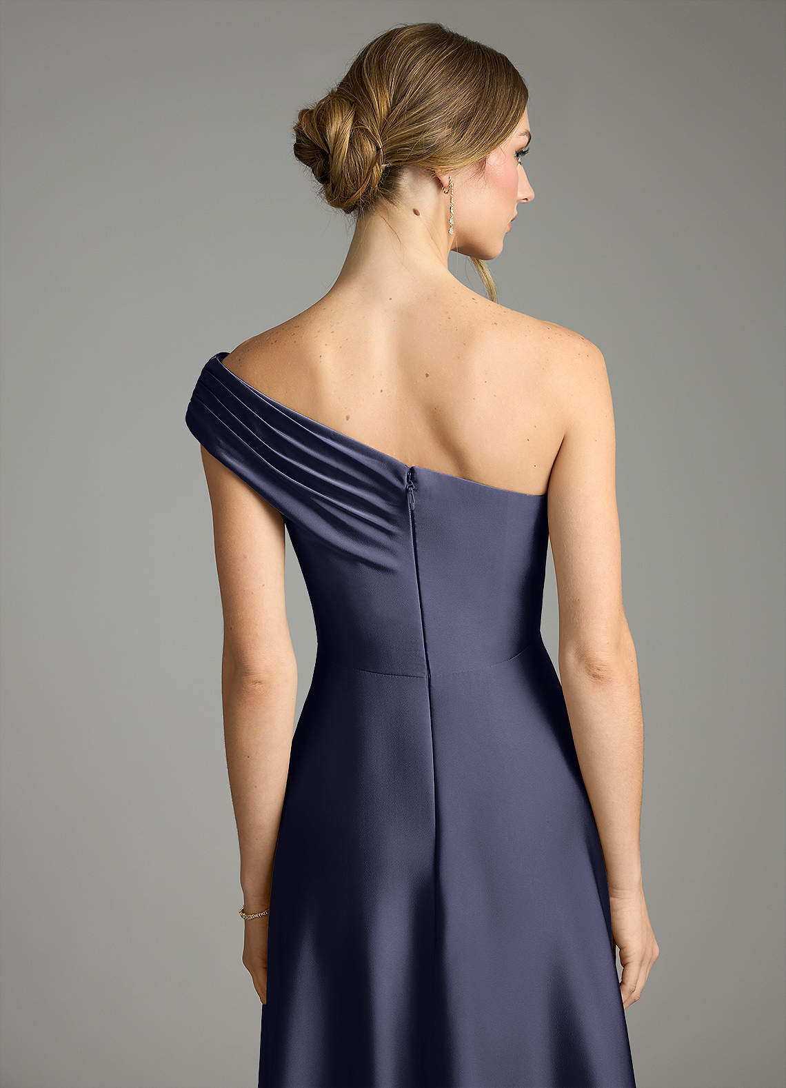 Melanie A-Line One-Shoulder Stretch Satin Bridesmaid Dress in Stormy