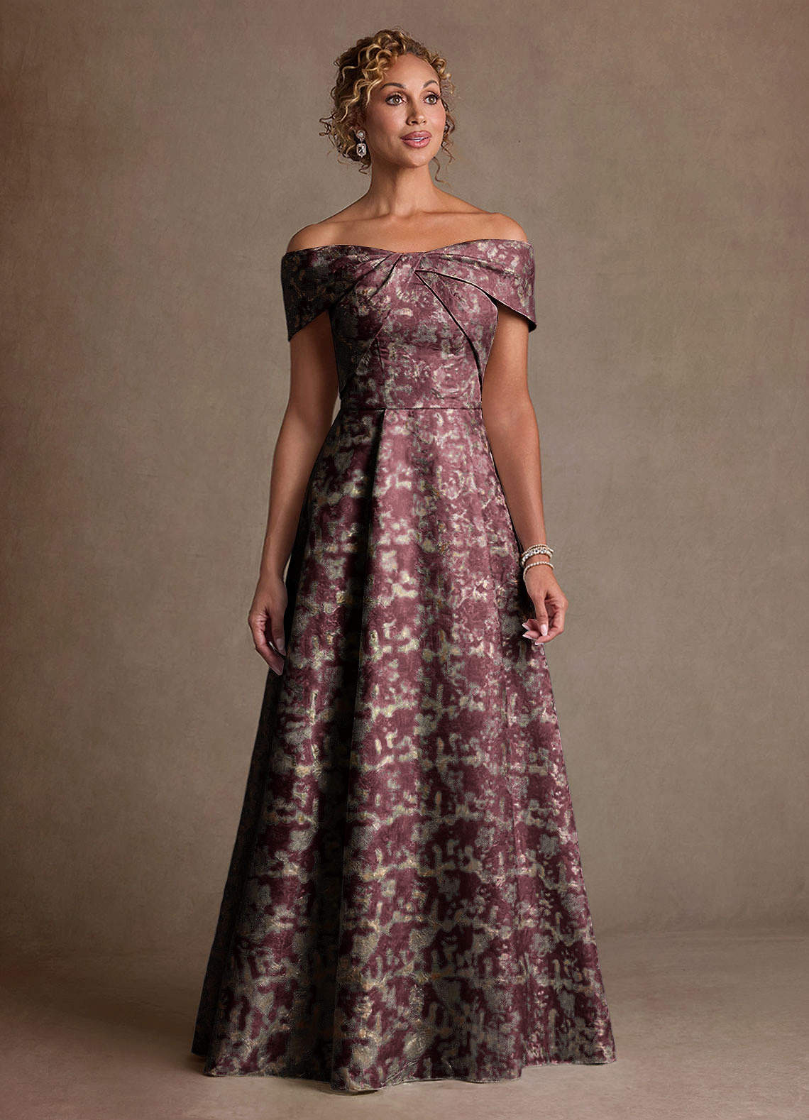 Harriett A-Line Off-the-Shoulder Jacquard Mother of the Bride Dress in Cabernet