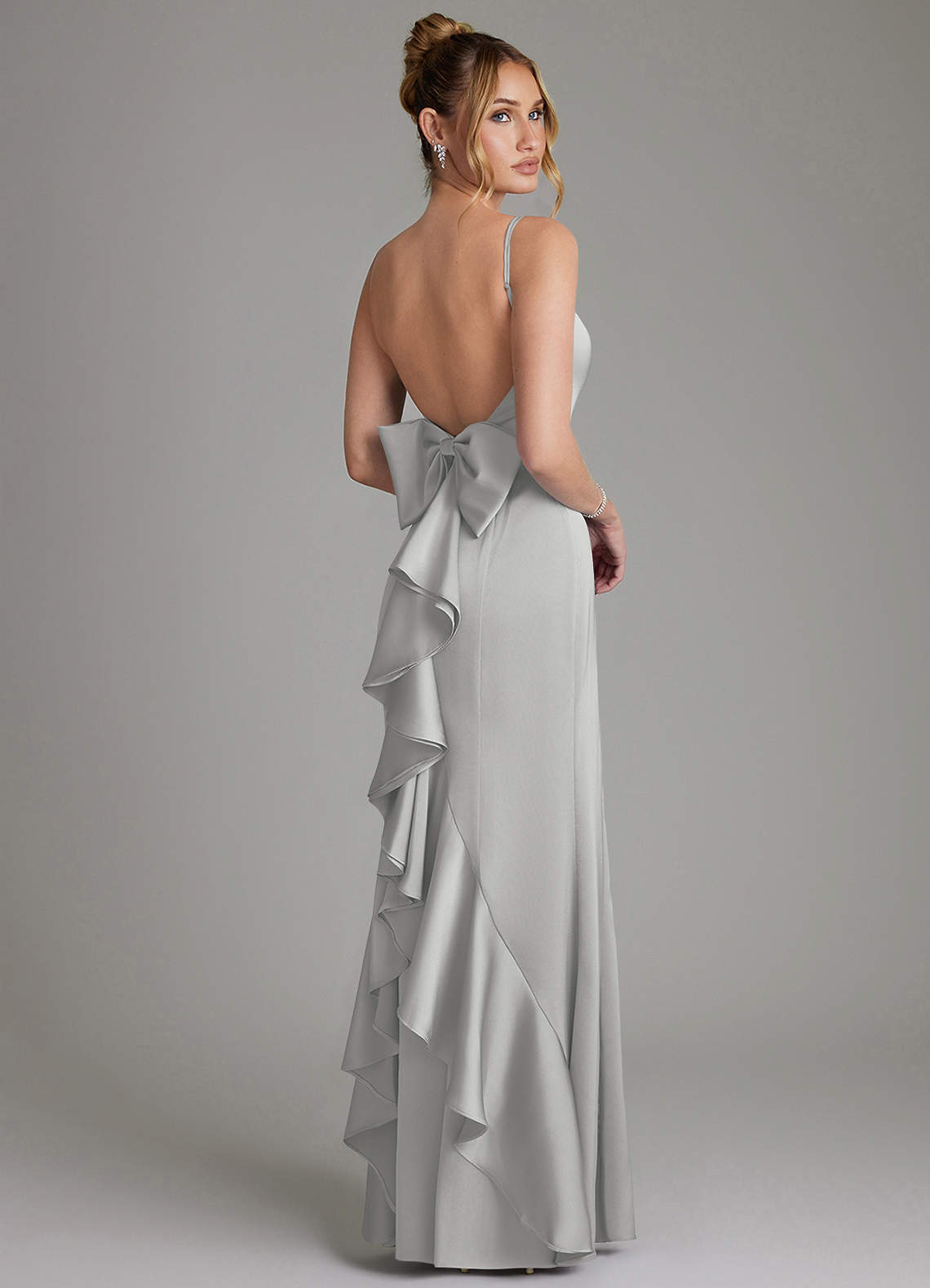Zherra Mermaid Scoop-Neck Stretch Satin Bridesmaid Dress in Silver
