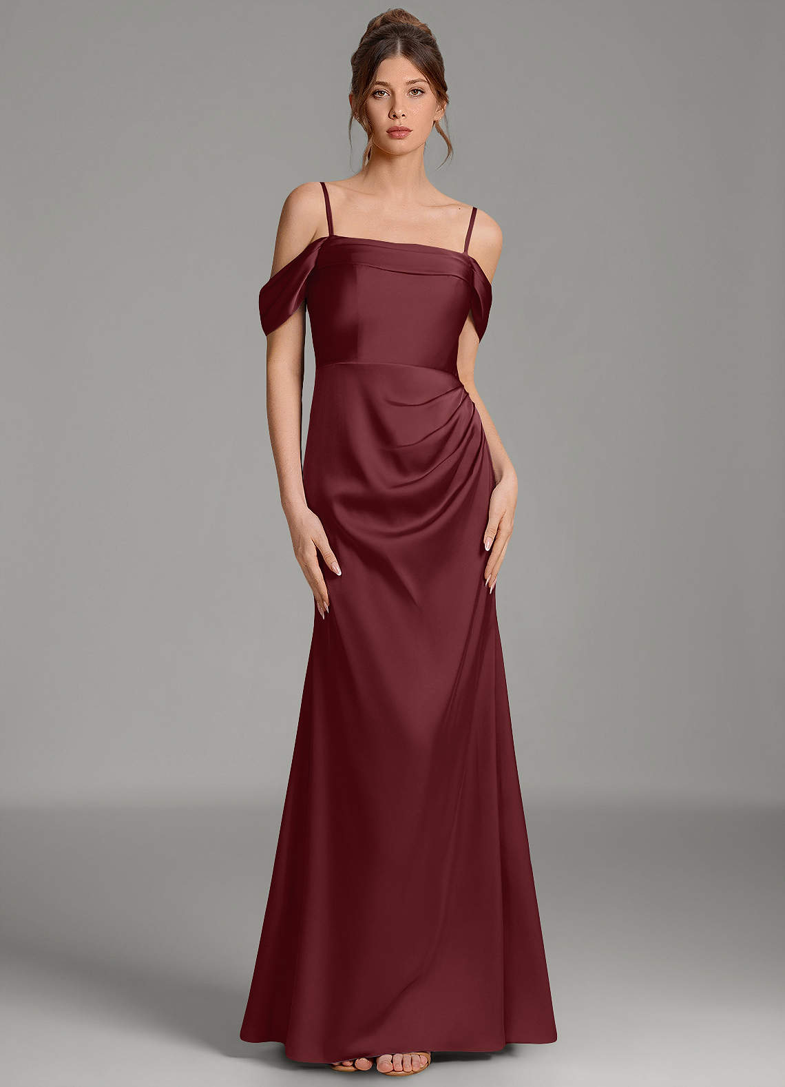 Wyatt Mermaid Off-the-Shoulder Stretch Satin Bridesmaid Dress in Cabernet