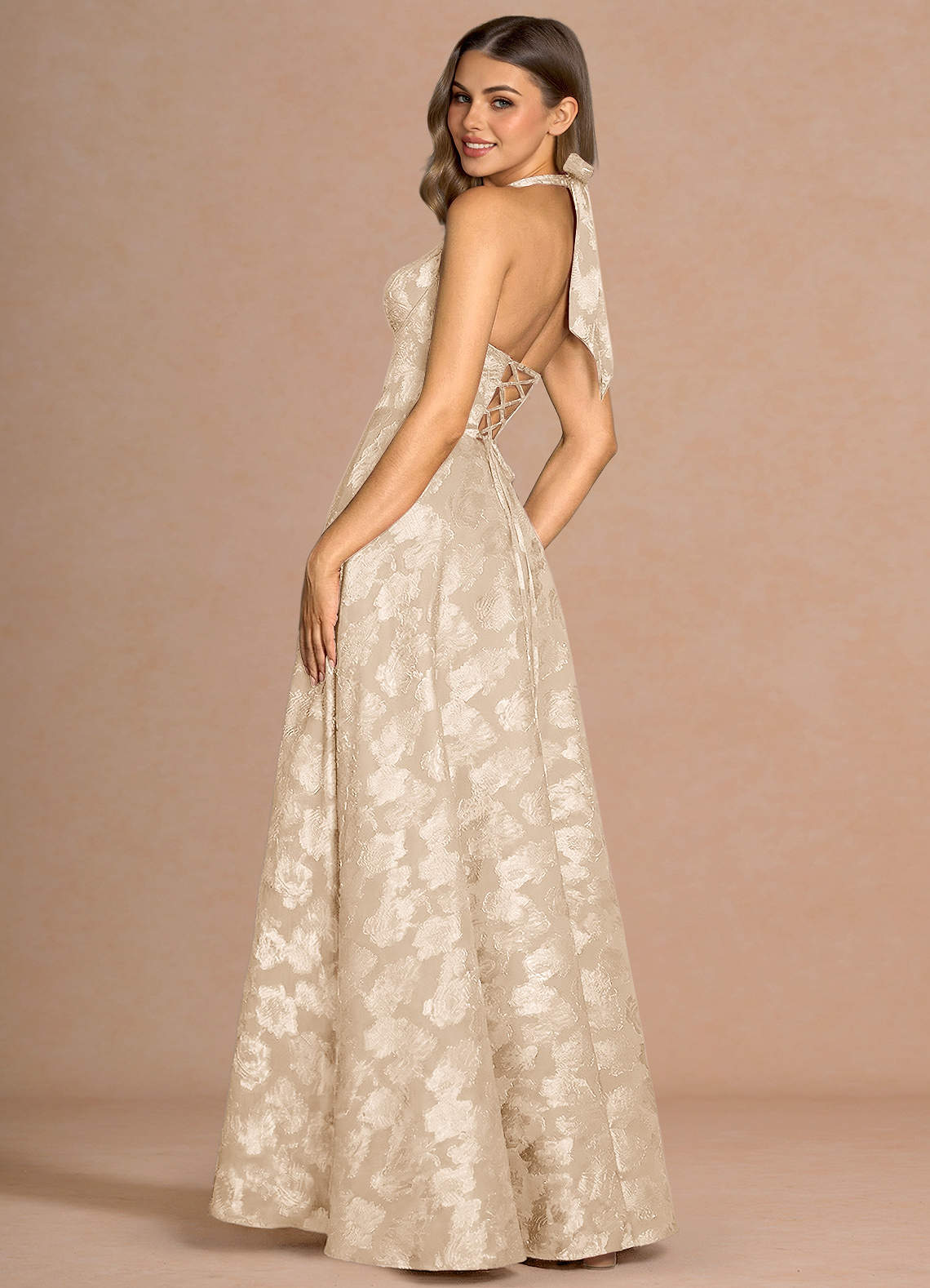 Isabeau A-Line V-Neck Fil Coupé Evening Dress in Cream