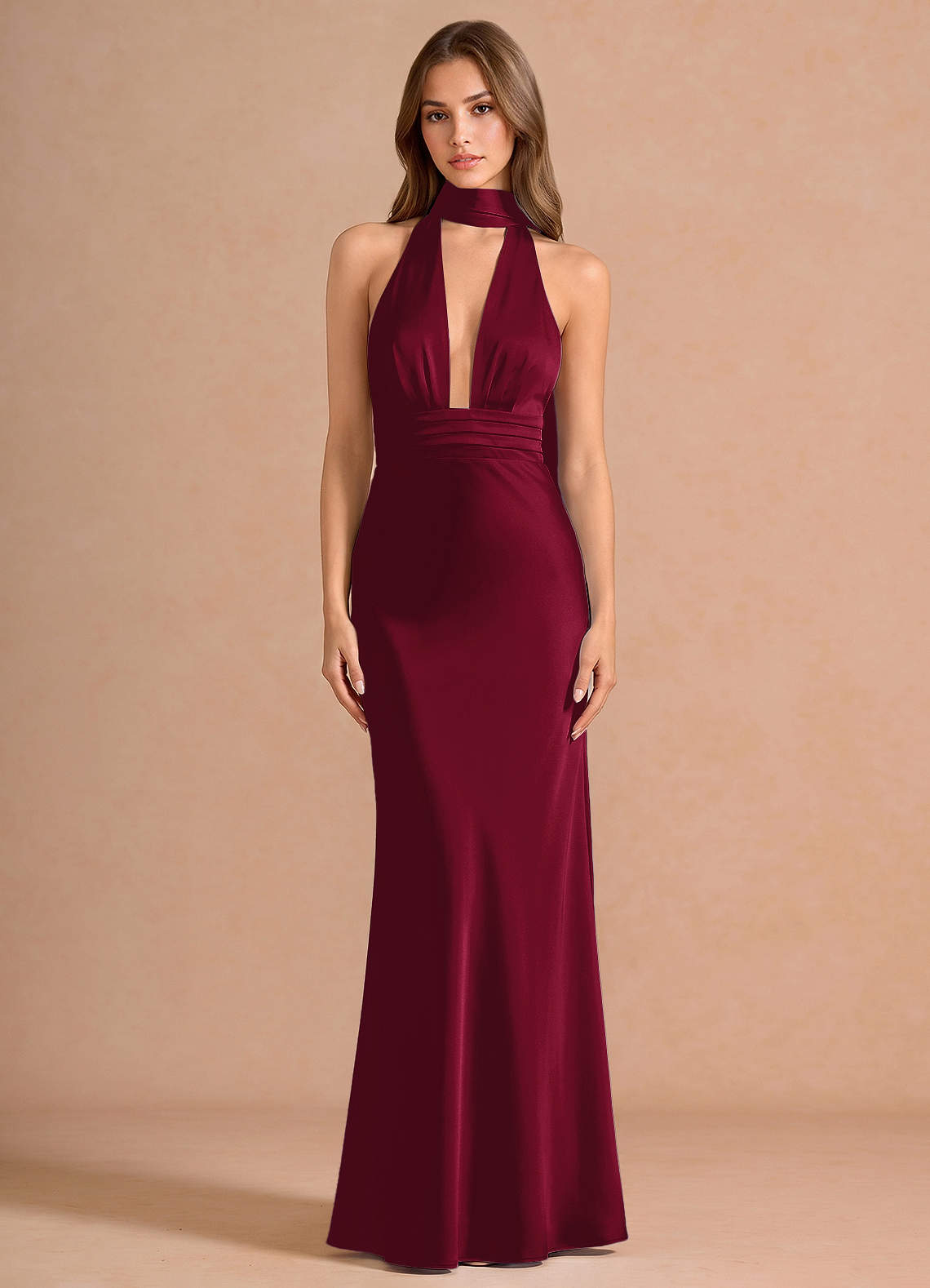 Linnea A-Line V-Neck Stretch Satin Evening Dress in Merlot