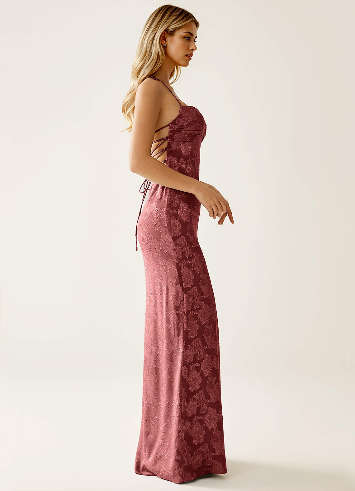 Angena Sheath Halter Floral Burnout Evening Dress in Vintage Rose