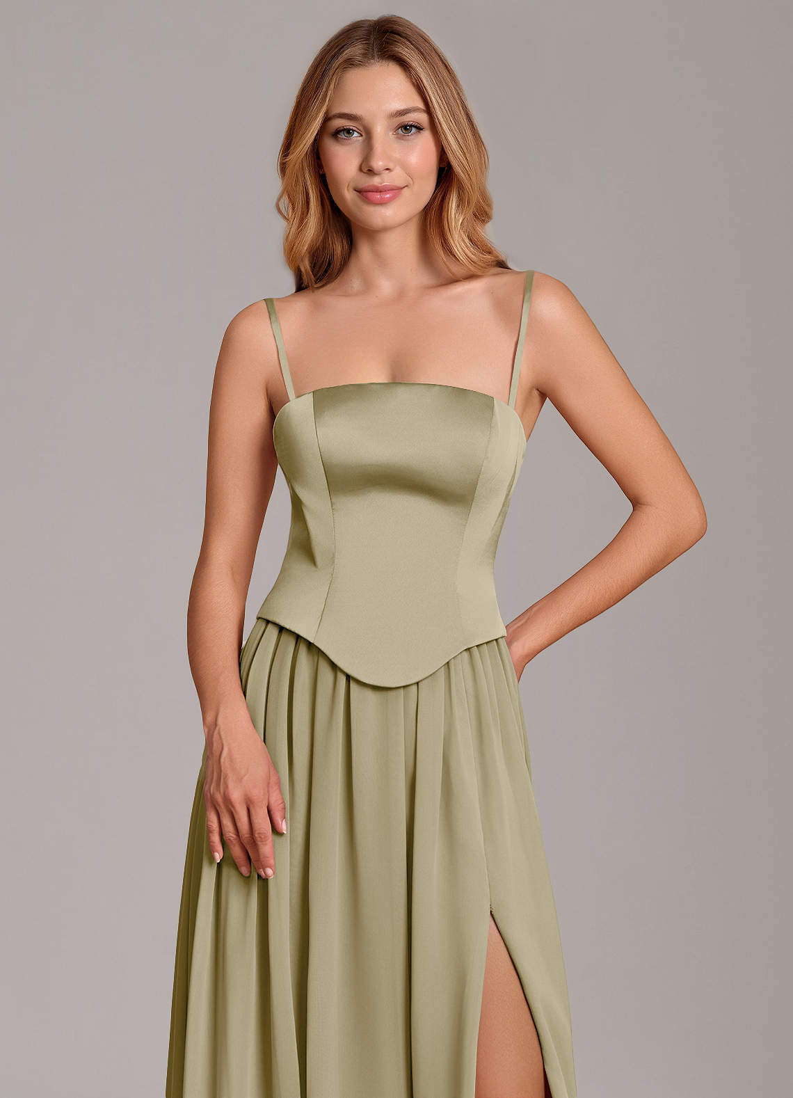 Cadence A-Line Strapless Chiffon and Stretch Satin Bridesmaid Dress in Moss Green