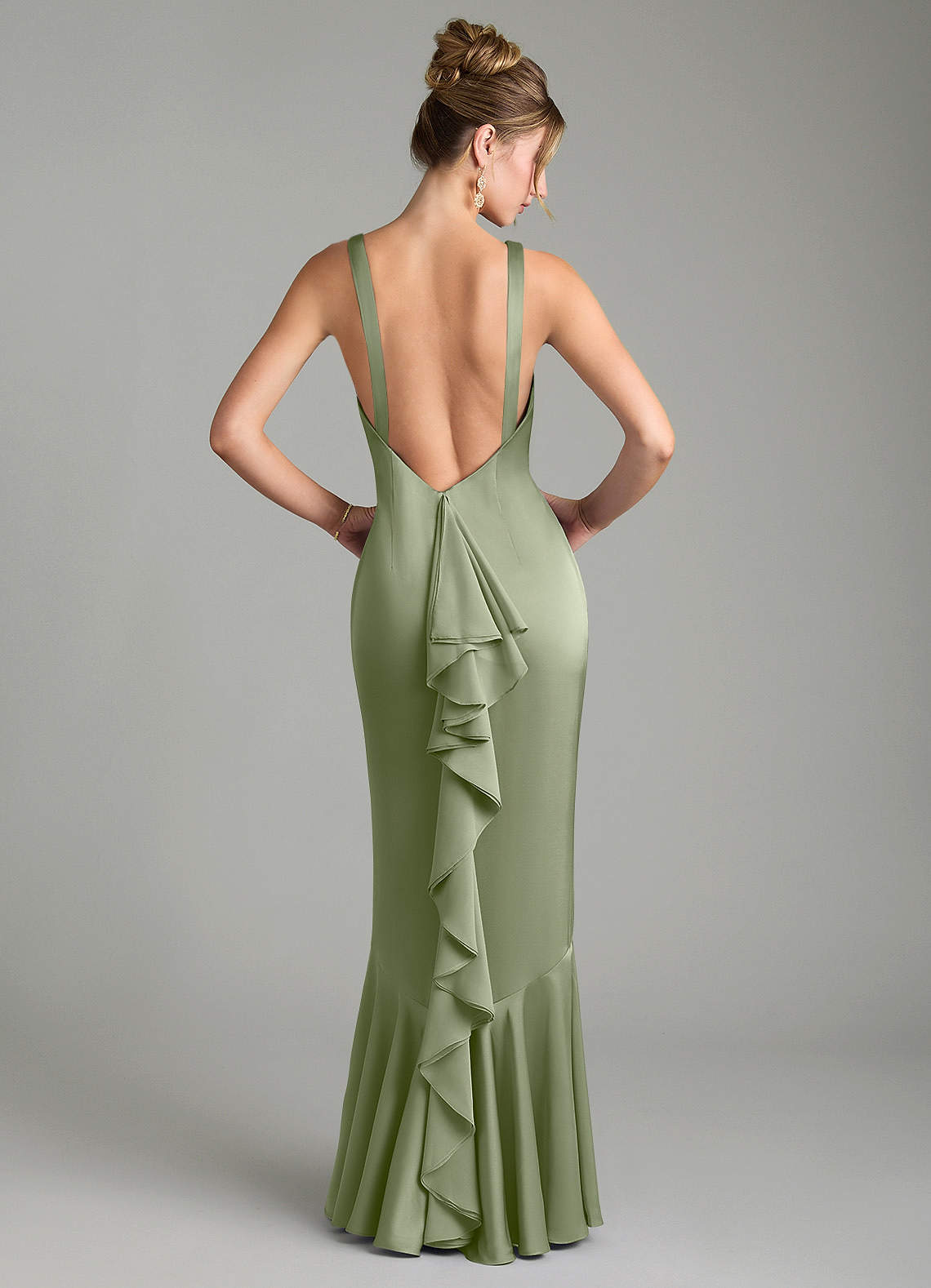 Tamera Mermaid Boat-Neck Stretch Satin and Chiffon Bridesmaid Dress in Pistachio
