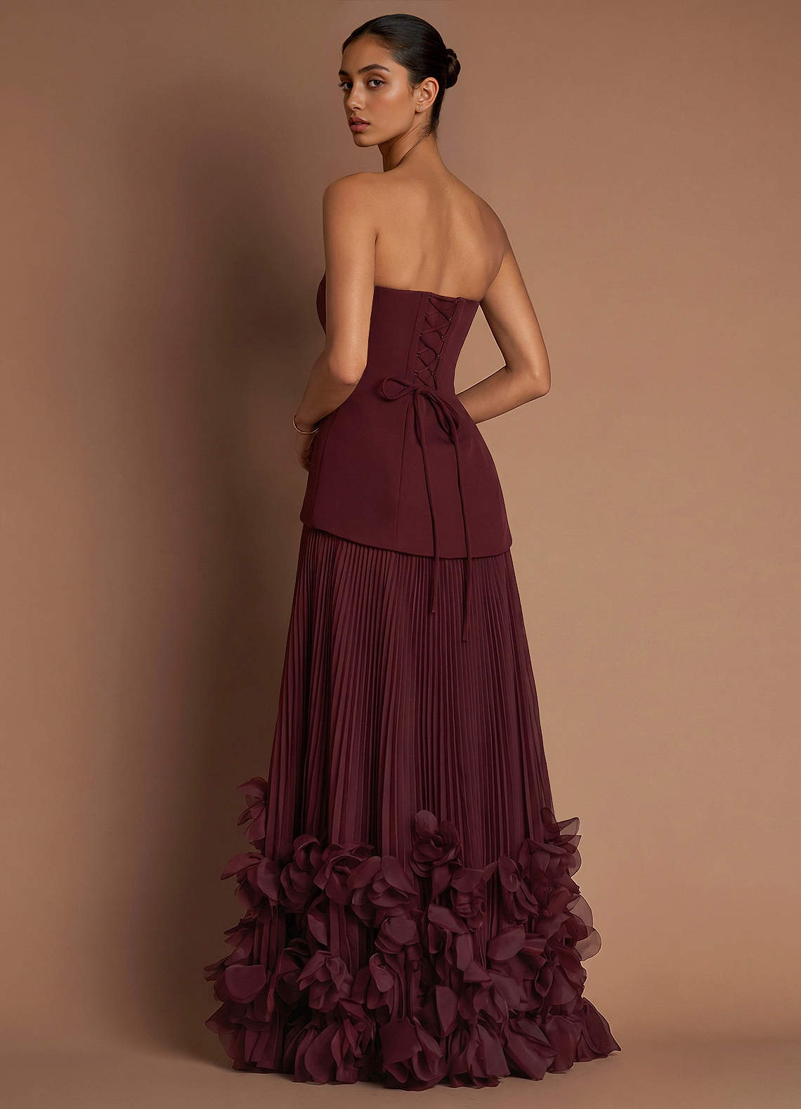 Marnie A-Line Corset Crepe Chiffon Evening Dress in Wine