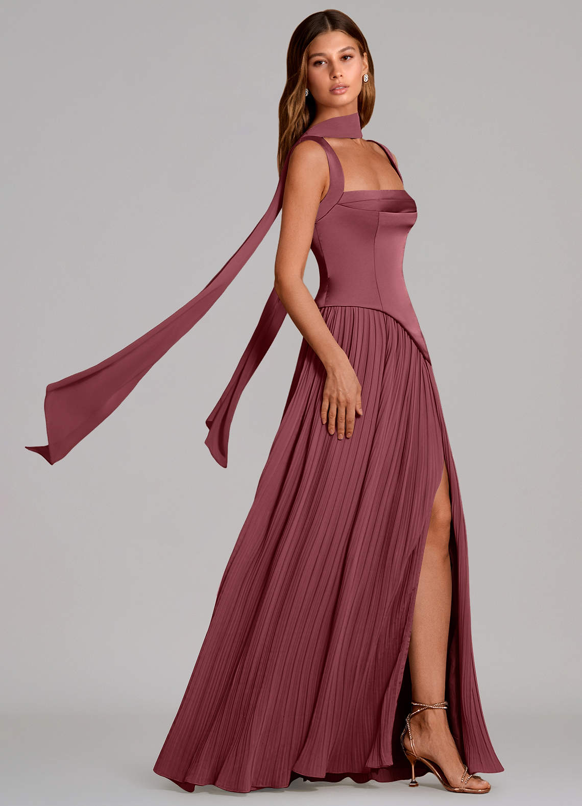Stephanie A-Line Square-Neck Stretch Satin and Chiffon Bridesmaid Dress in Desert Rose