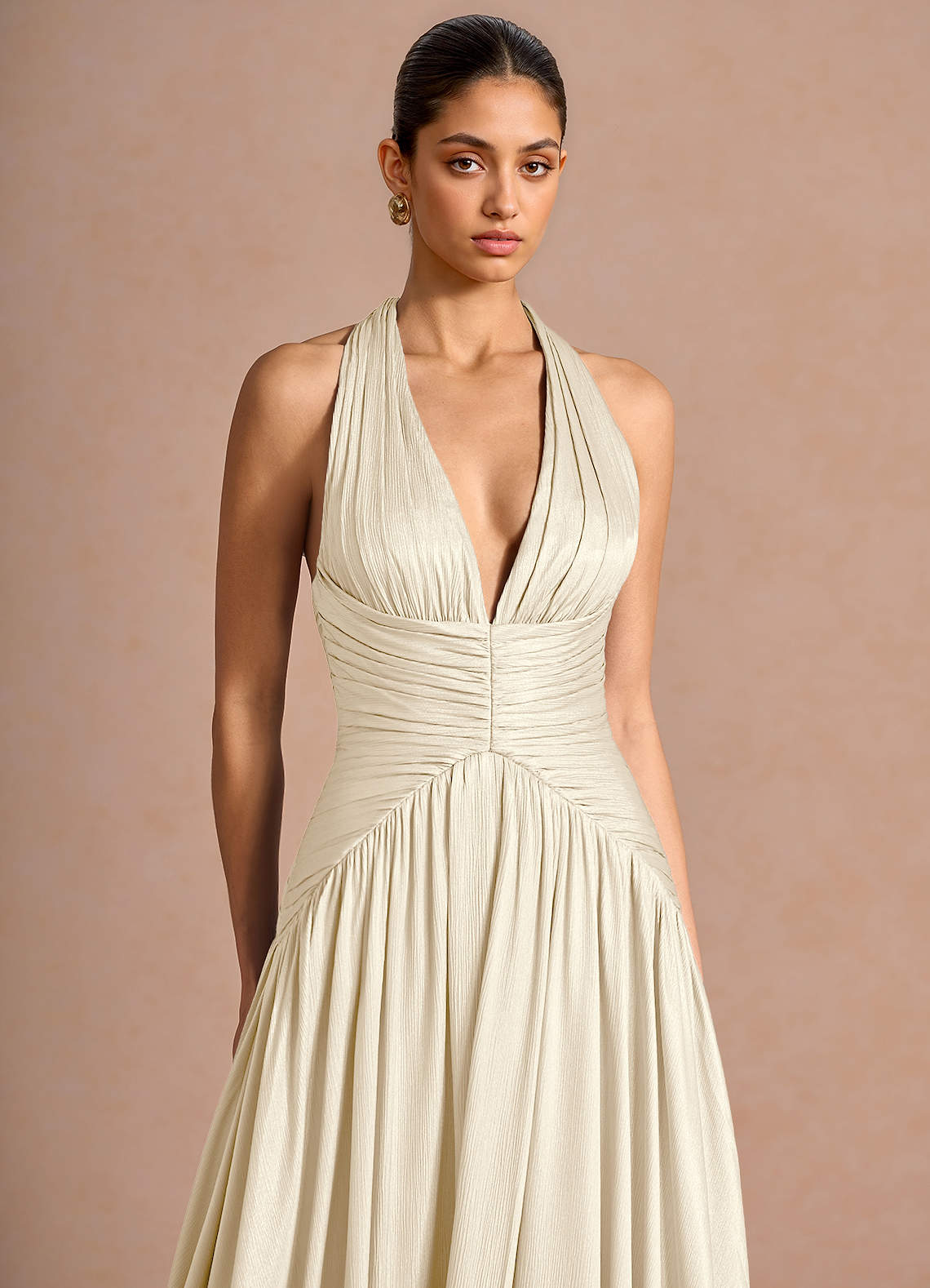 Hecate A-Line Halter Satin-Faced Chiffon Evening Dress in Cream