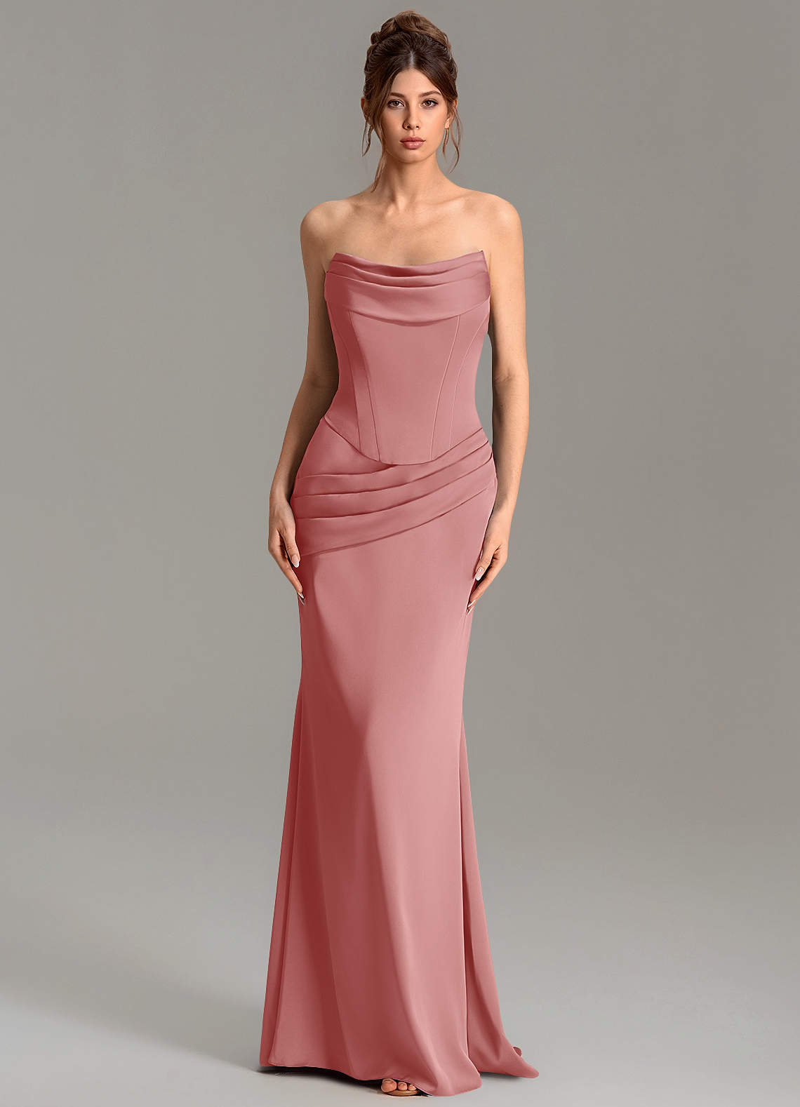 Adrienne Mermaid Cowl-Neck Stretch Satin Bridesmaid Dress in Antique Rose