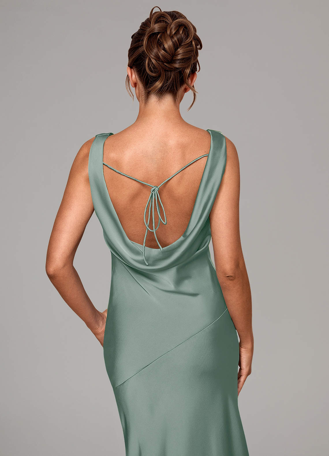 Rylina Mermaid Cowl-Neck Stretch Satin Bridesmaid Dress in Silver Sage