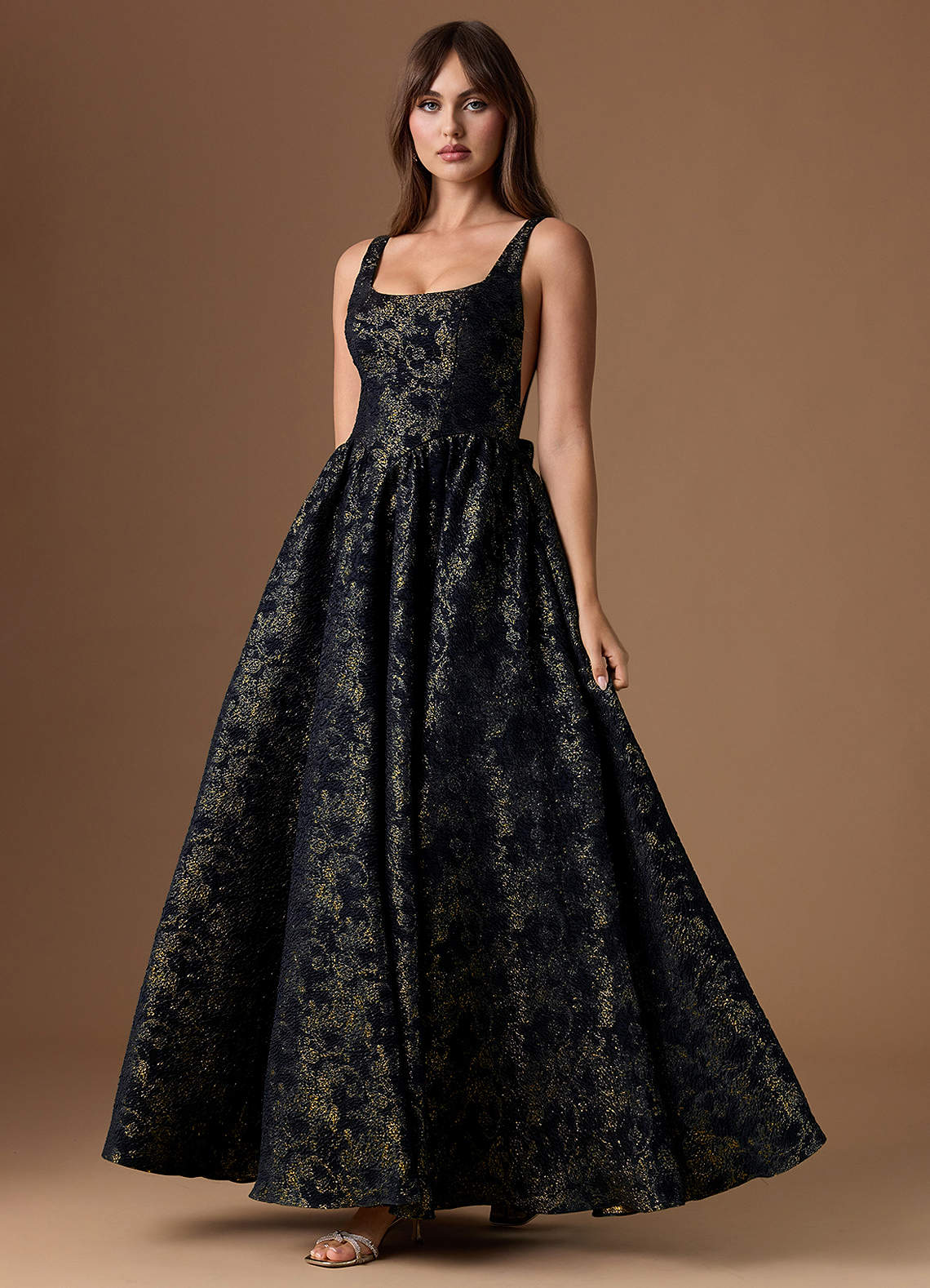 Bea A-Line Square-Neck Brocade Evening Dress in Gilded Midnight