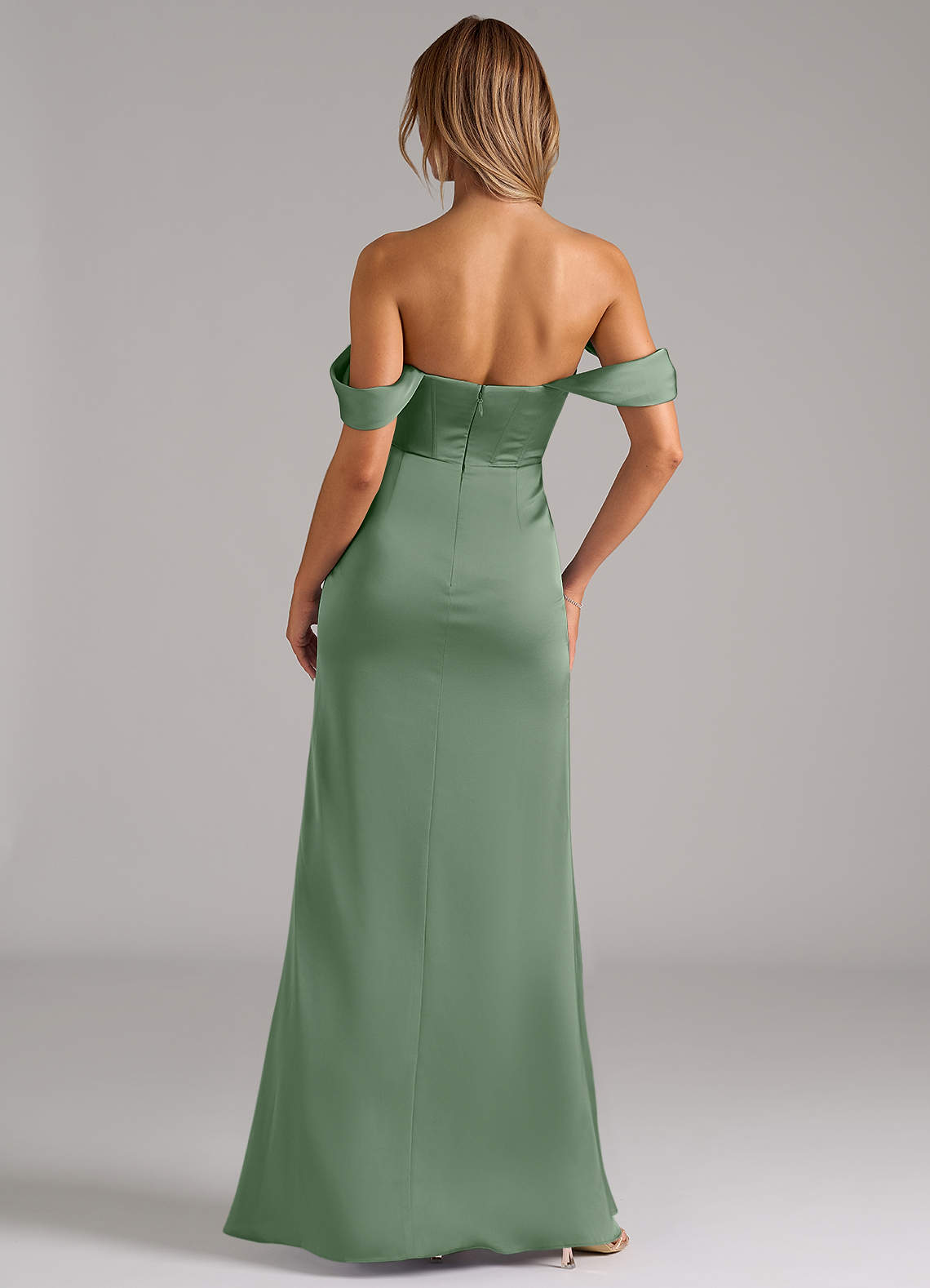 Johana Mermaid Off-the-Shoulder Stretch Satin Bridesmaid Dress in Matcha