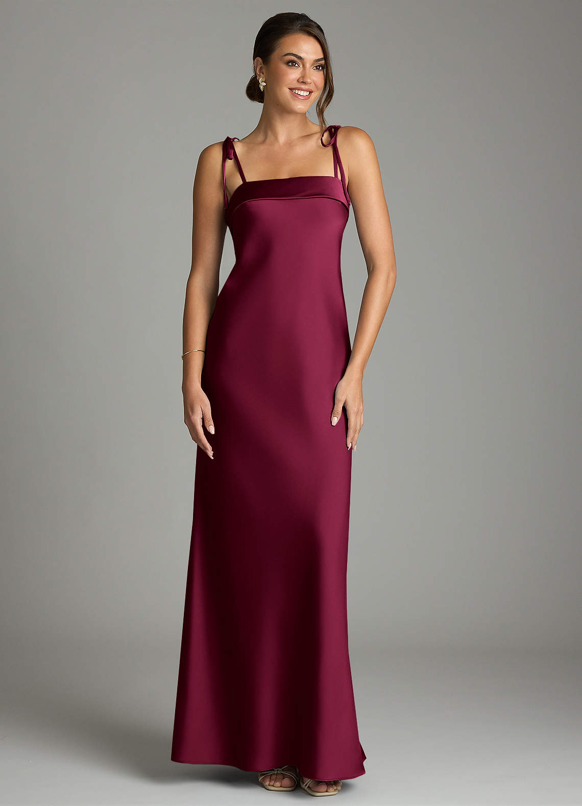 Ellia Sheath Straight-Neck Stretch Satin Bridesmaid Dress in Burgundy