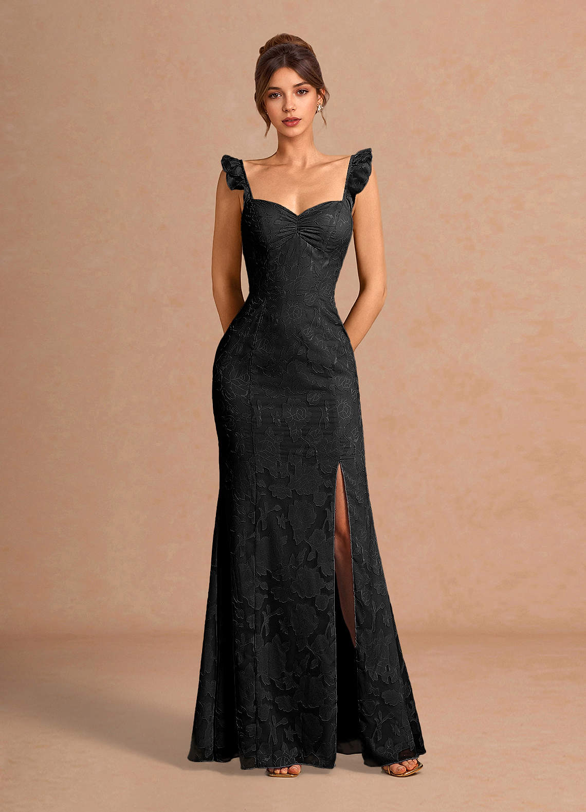 Romilly Mermaid Ruffled Chiffon Burnout Evening Dress in black