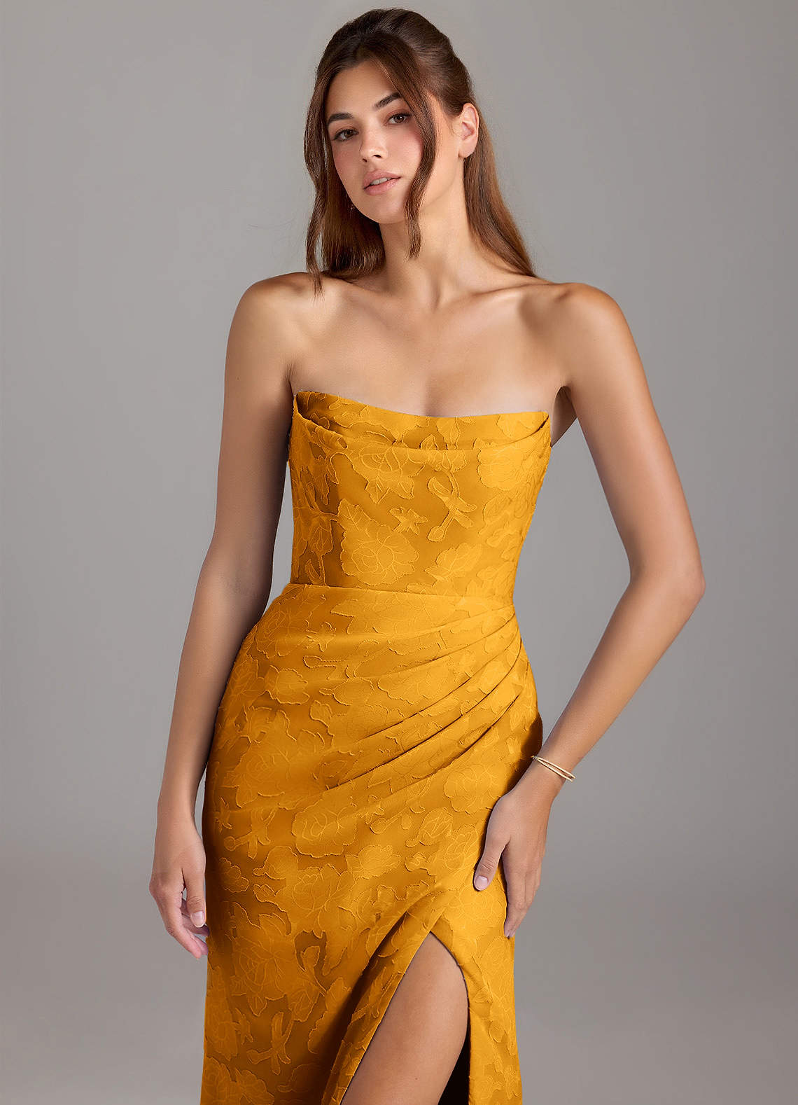 Leonis Sheath Strapless Floral Burnout Bridesmaid Dress in butterscotch