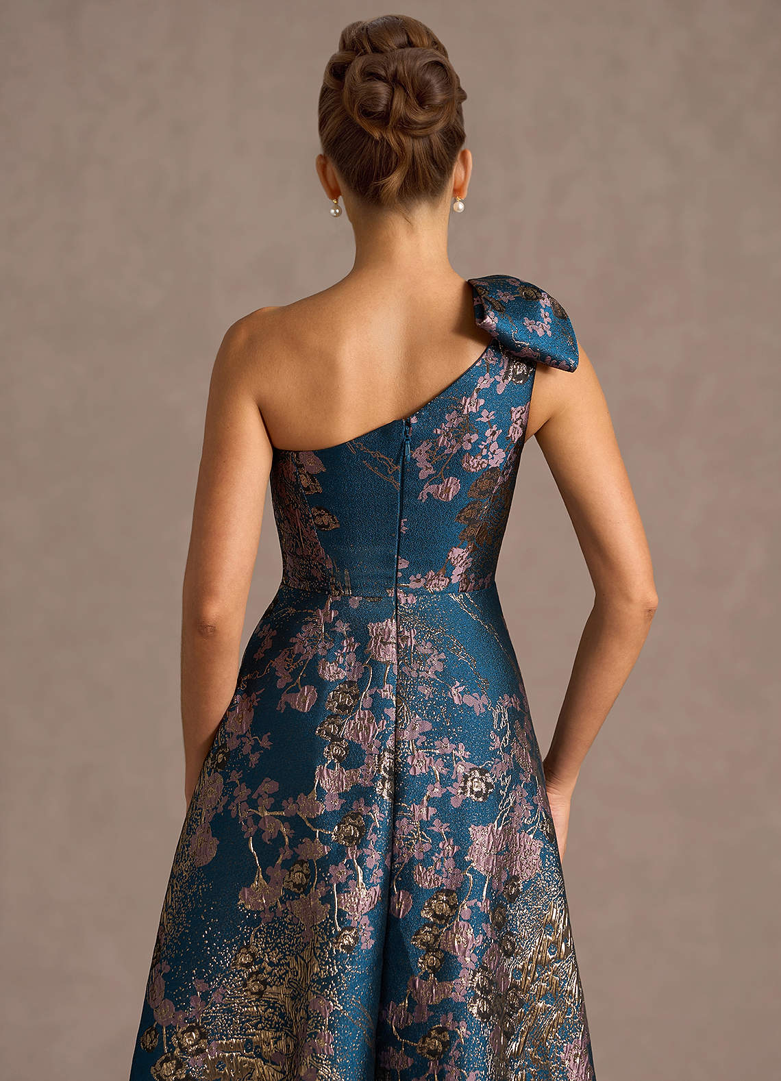 Jonelle A-Line One-Shoulder Metallic Jacquard Evening Dress in Teal Floral