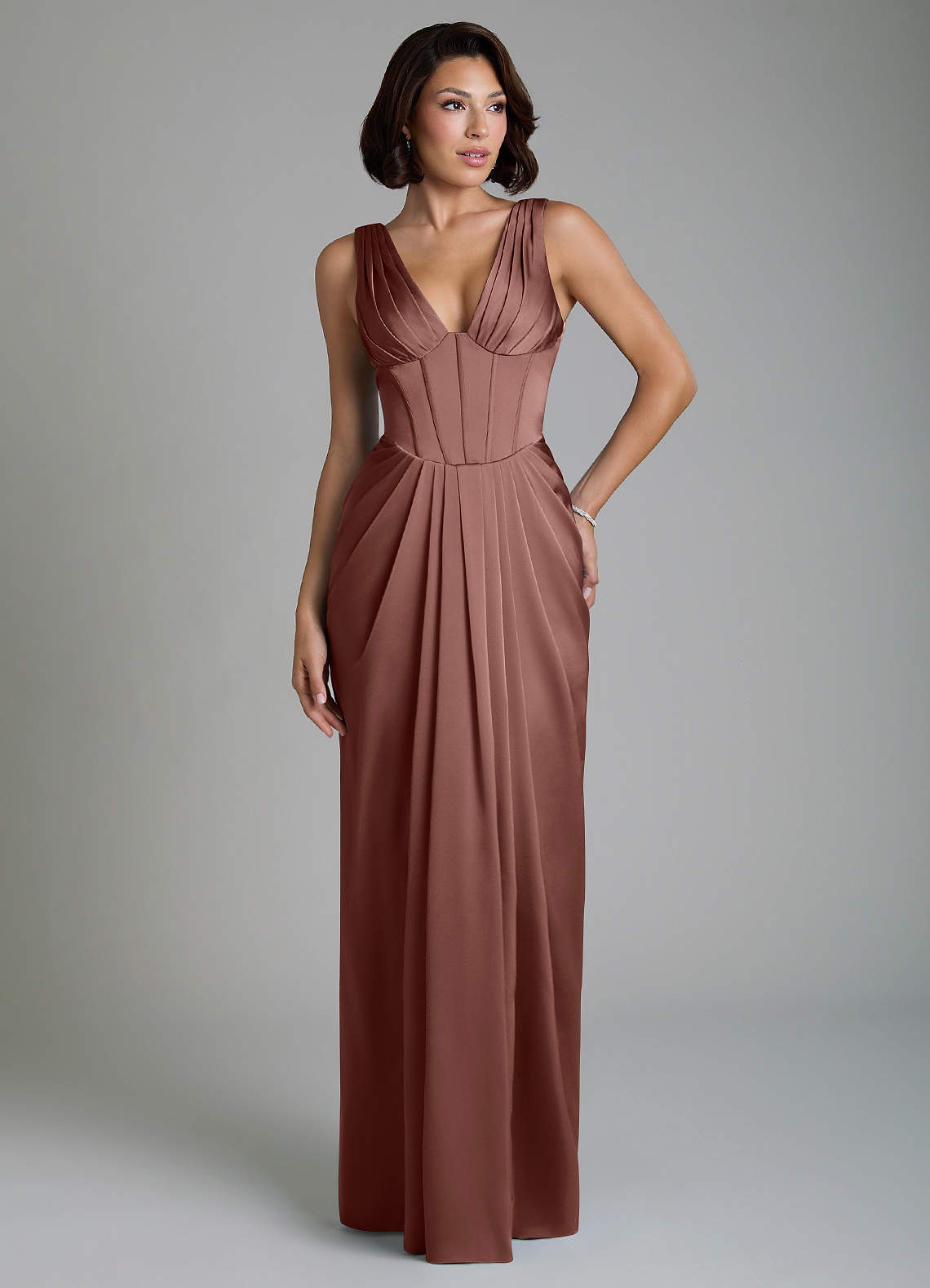 Vanya Sheath V-Neck Stretch Satin Bridesmaid Dress in Espresso