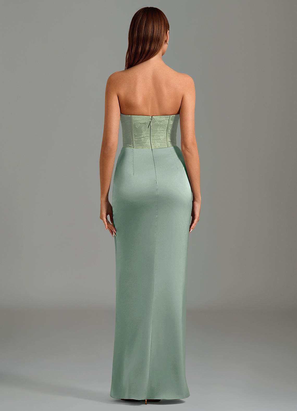 Emilia Mermaid Strapless Stretch Satin and Floral Burnout Bridesmaid Dress in Agave