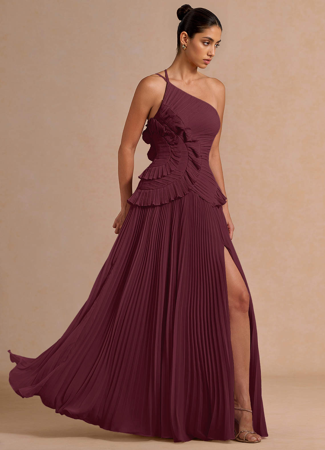 Melody A-Line One-Shoulder Chiffon Evening Dress in Wine