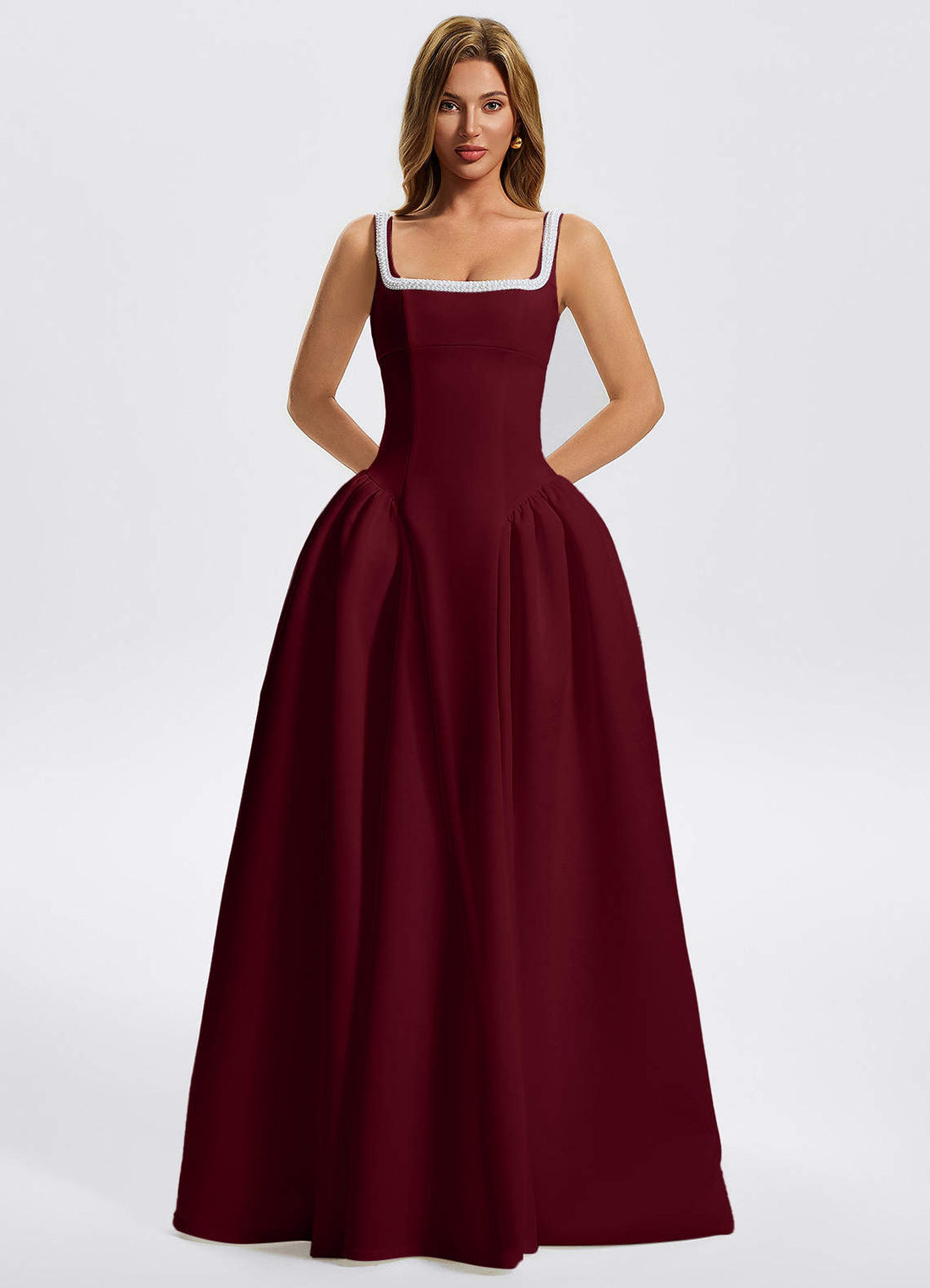 Kaelin A-Line Square-Neck Stretch Knit Evening Dress in Burgundy