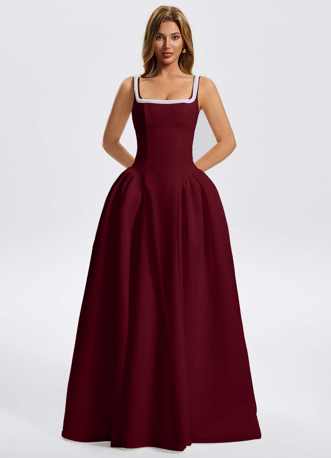 Kaelin A-Line Square-Neck Stretch Knit Evening Dress in Burgundy