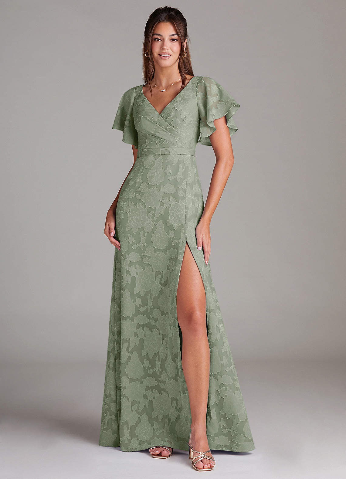 Ambrosia A-Line V-Neck Floral Burnout Bridesmaid Dress in Agave