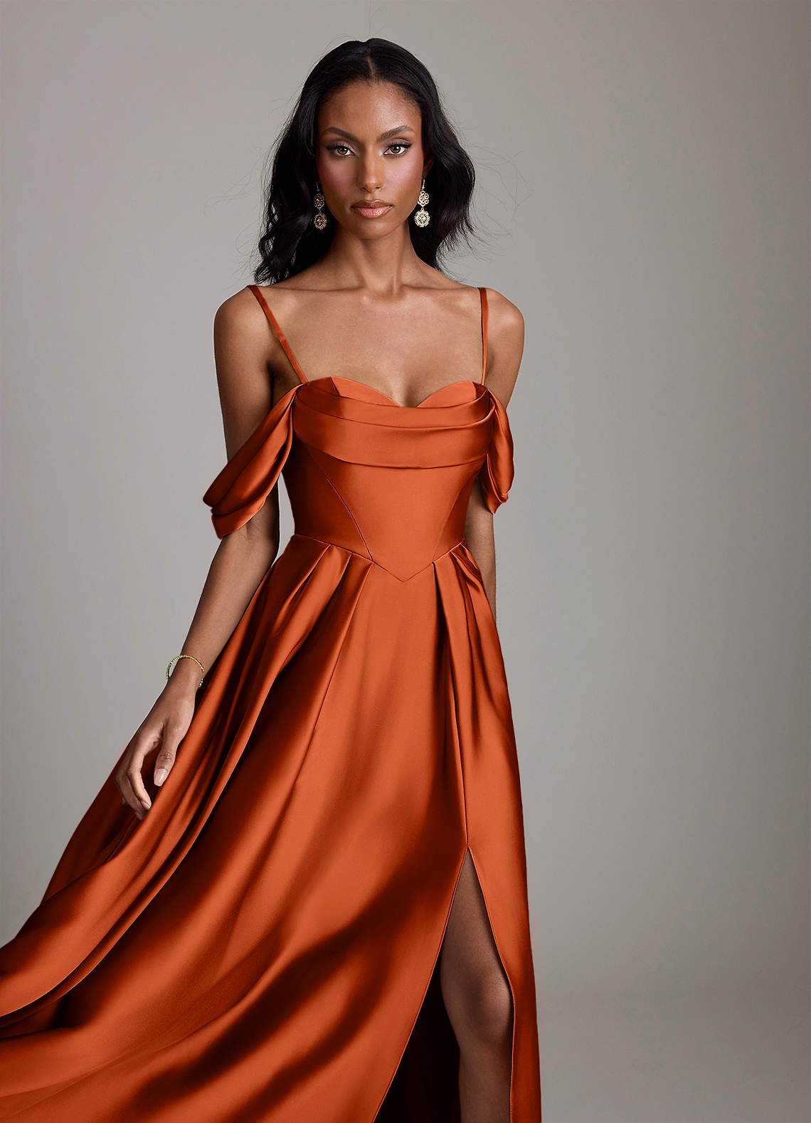 Loisa A-Line Off-the-Shoulder Stretch Satin Bridesmaid Dress in Paprika