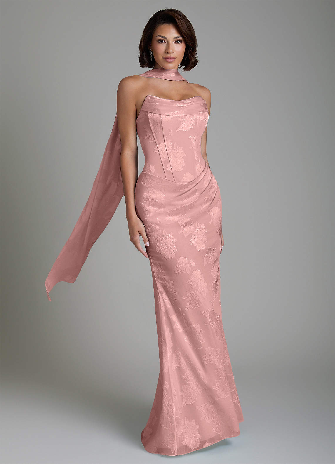 Ariah Mermaid Cowl-Neck Jacquard Bridesmaid Dress in Dusty Rose