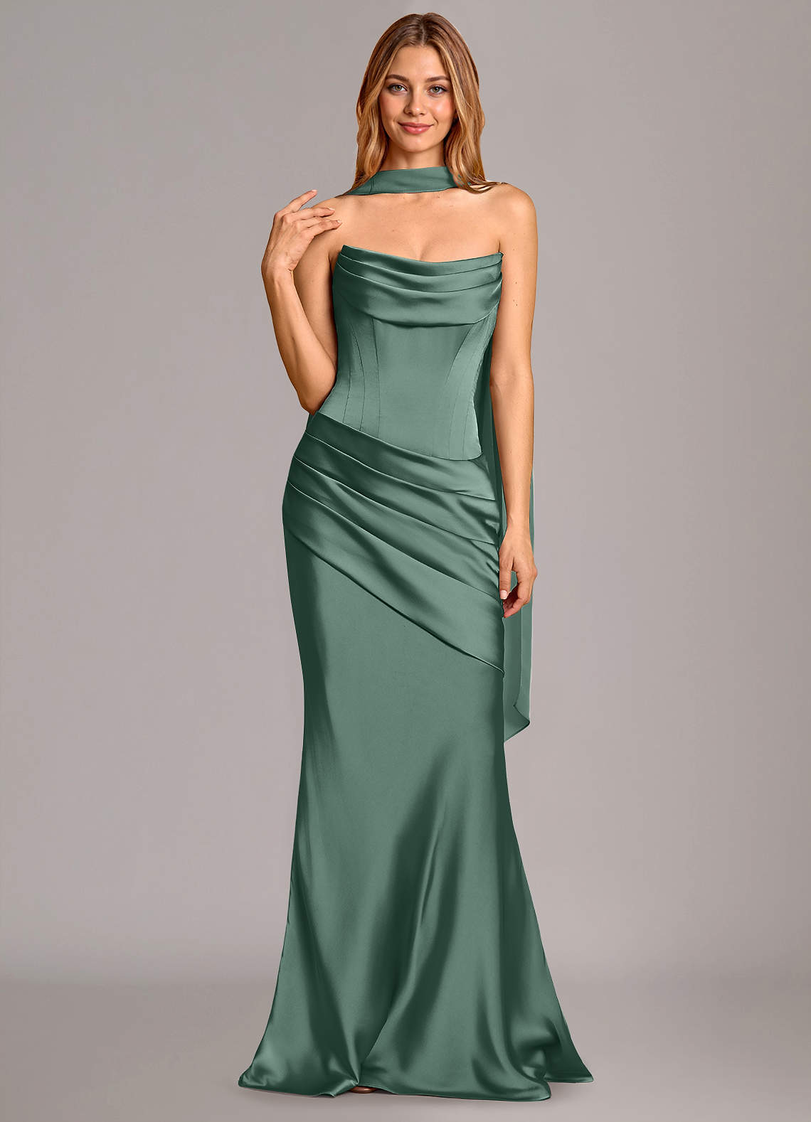 Pelagia Mermaid Cowl-Neck Stretch Satin Bridesmaid Dress in Eucalyptus