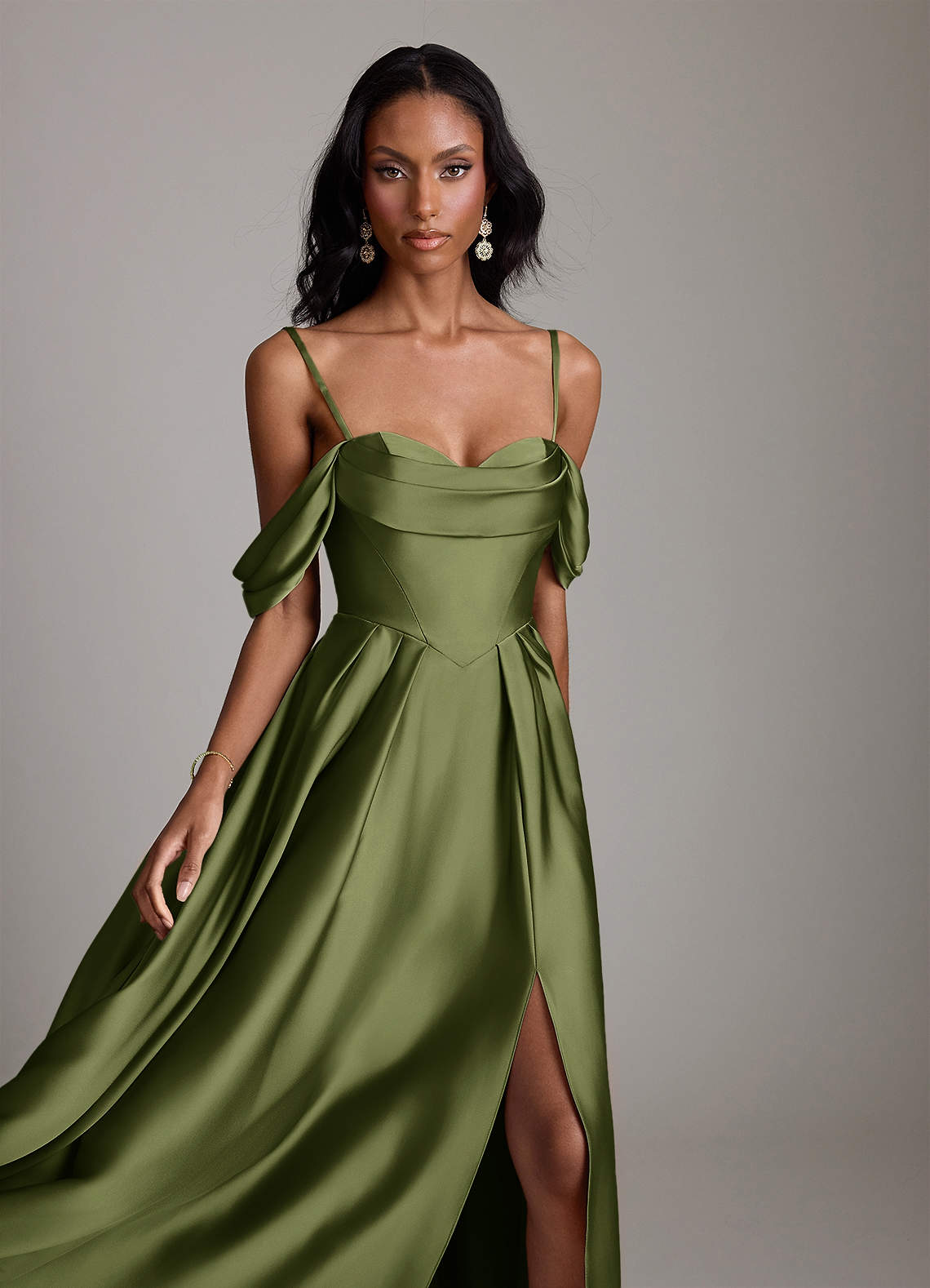 Loisa A-Line Off-the-Shoulder Stretch Satin Bridesmaid Dress in Olive