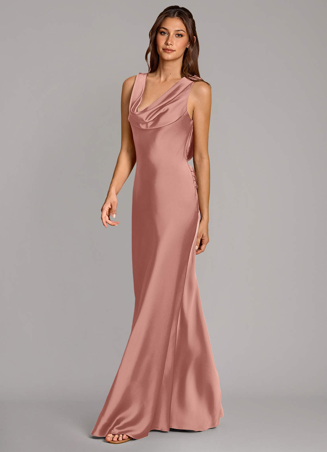 Cheryl Mermaid Cowl-Neck Stretch Satin Bridesmaid Dress in Rosette