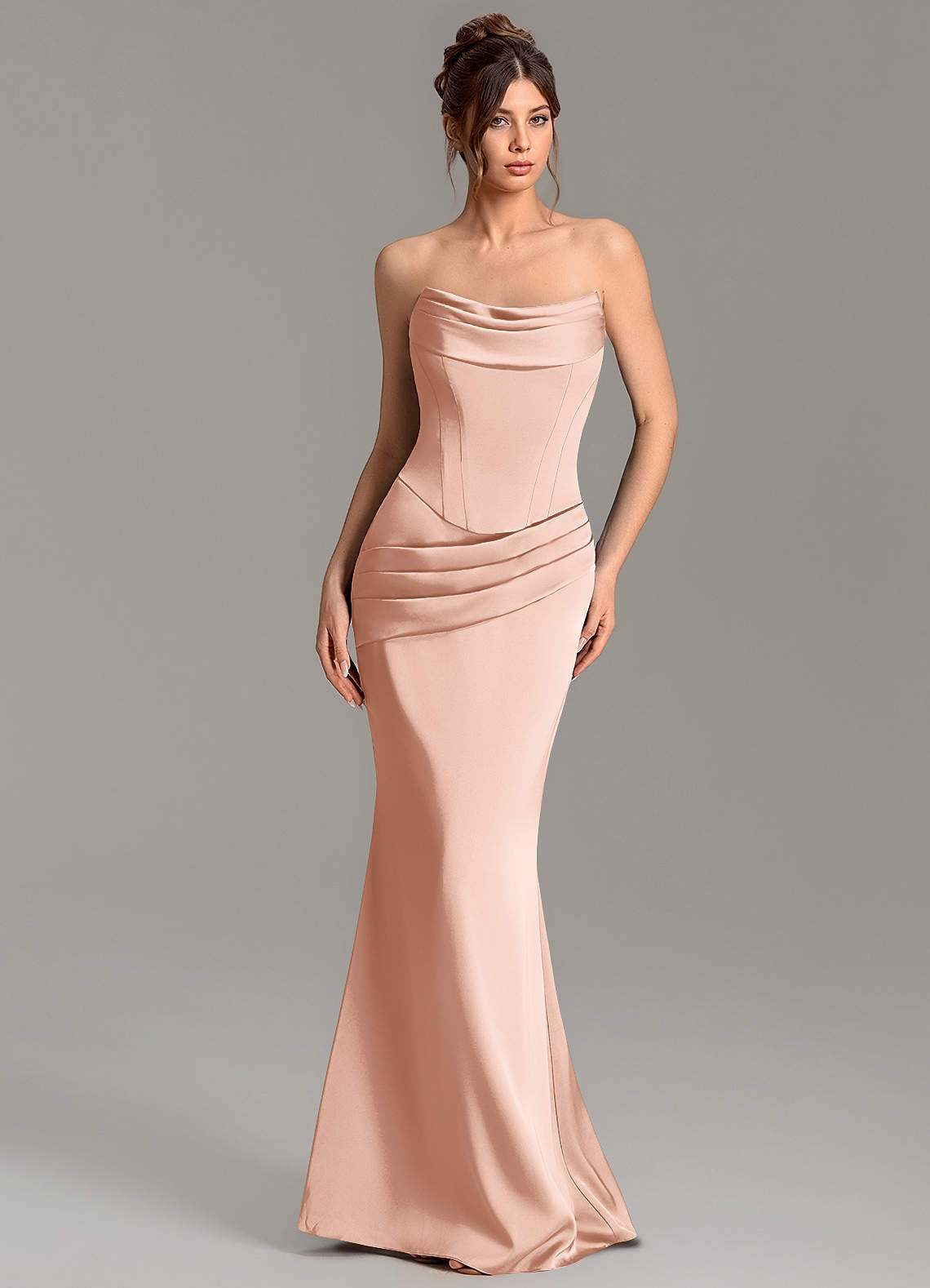 Adrienne Mermaid Cowl-Neck Stretch Satin Bridesmaid Dress in rose gold