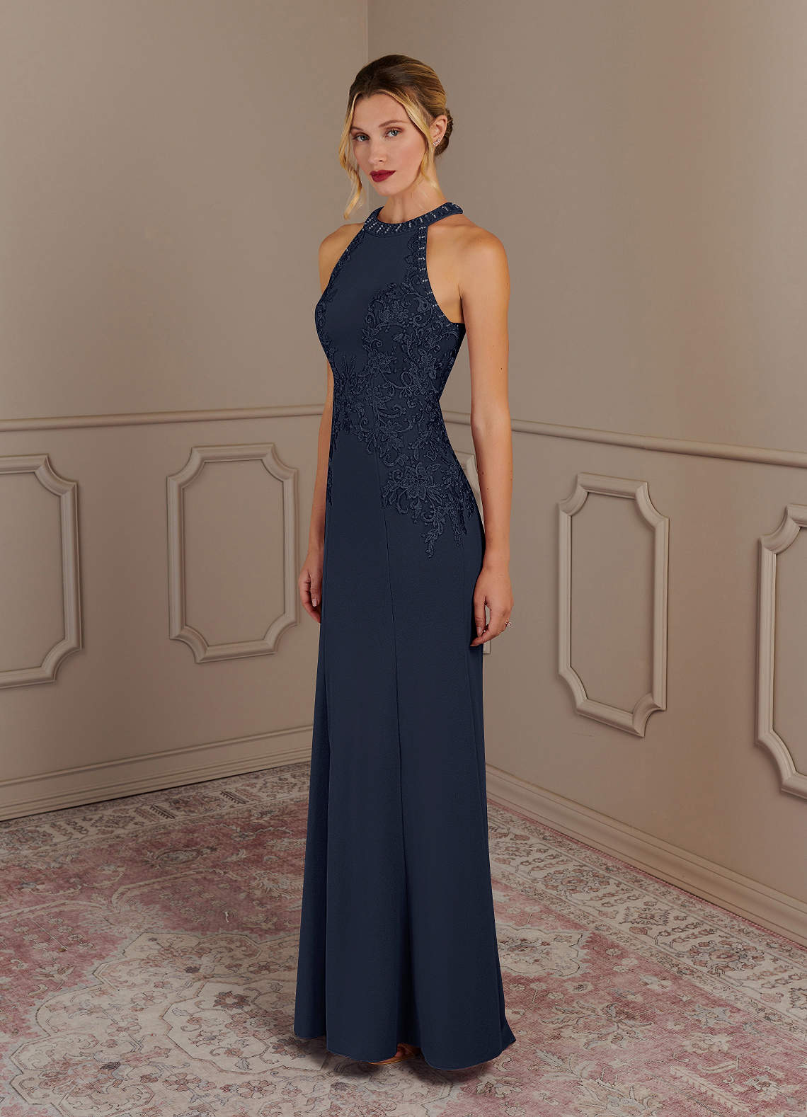 Tyra Mermaid Halter Tulle and Stretch Crepe Mother of the Bride Dress in Dark Navy