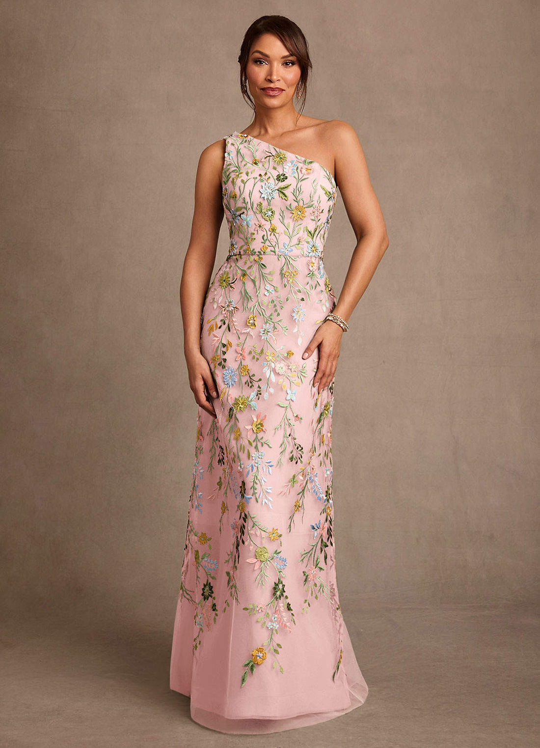 Bertie A-Line One-Shoulder Lace Mother of the Bride Dress in Powder Pink