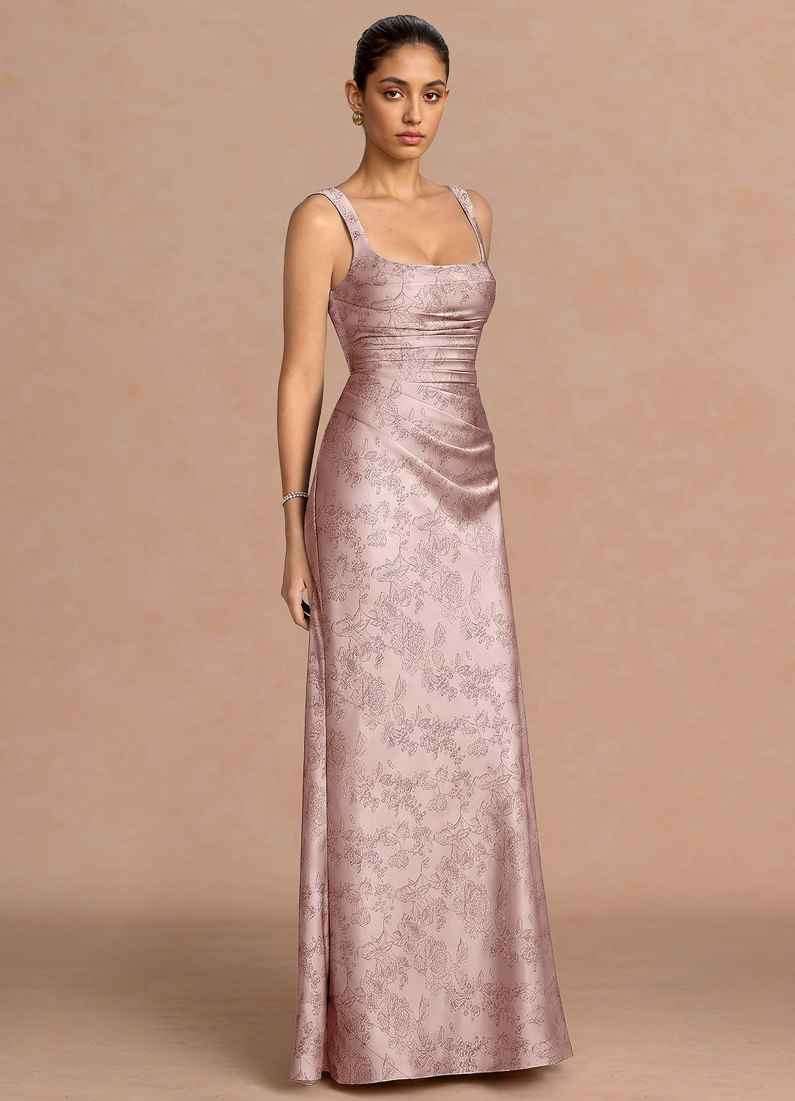 Agustina Square-Neck Pleated Jacquard Evening Dress in Pink