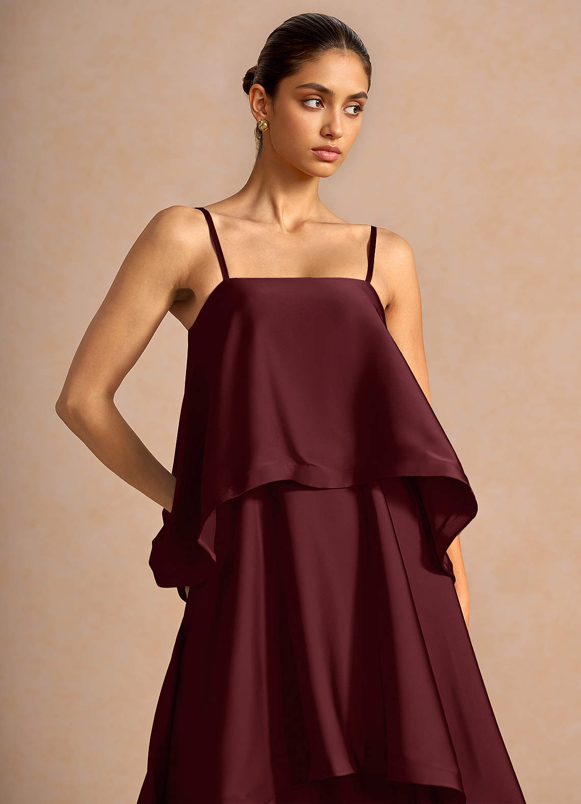 Itasca A-Line Tiered Stretch Satin Wedding Guest Dress in Wine