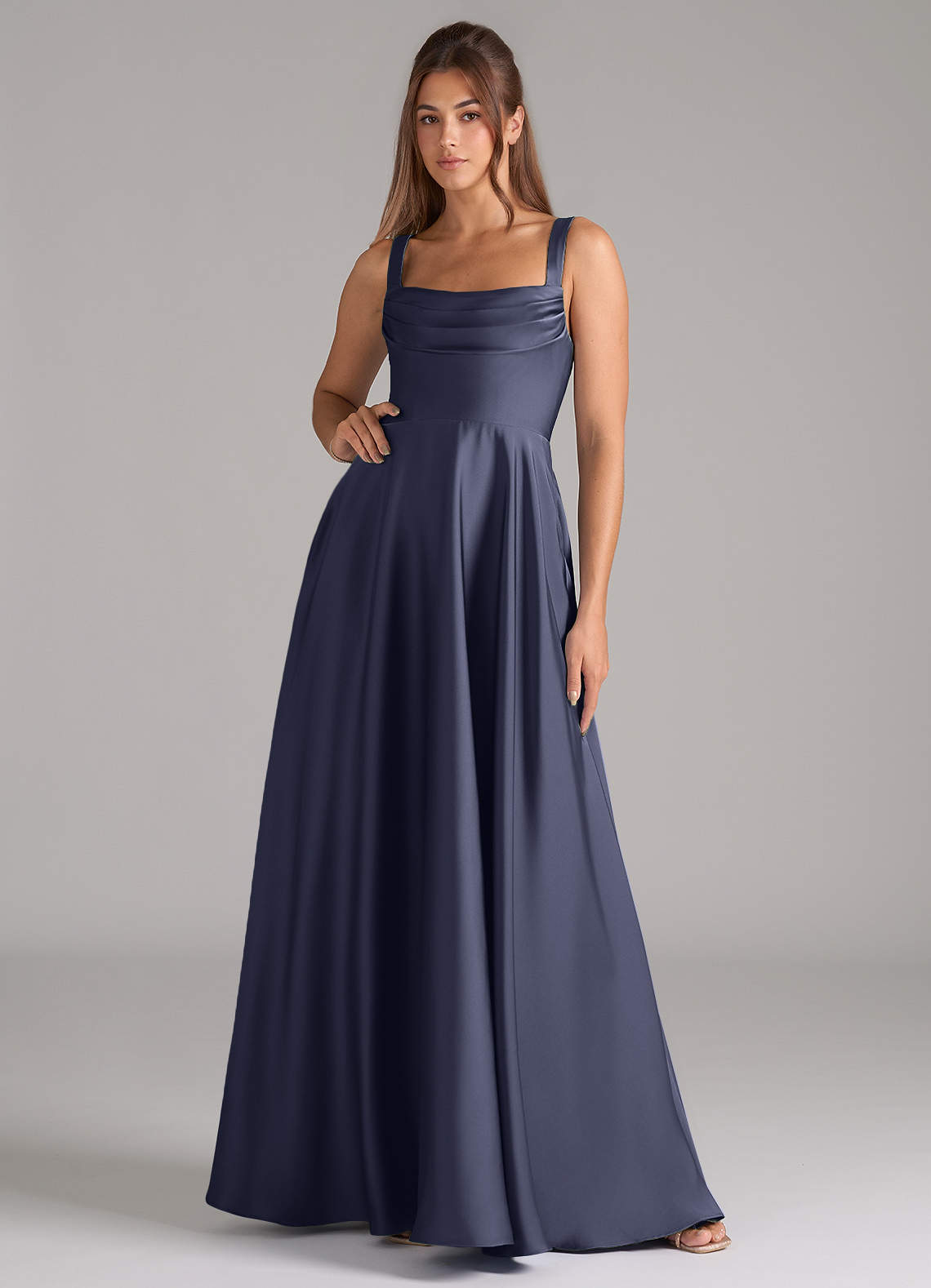 Shaude A-Line Square-Neck Stretch Satin Bridesmaid Dress in Stormy
